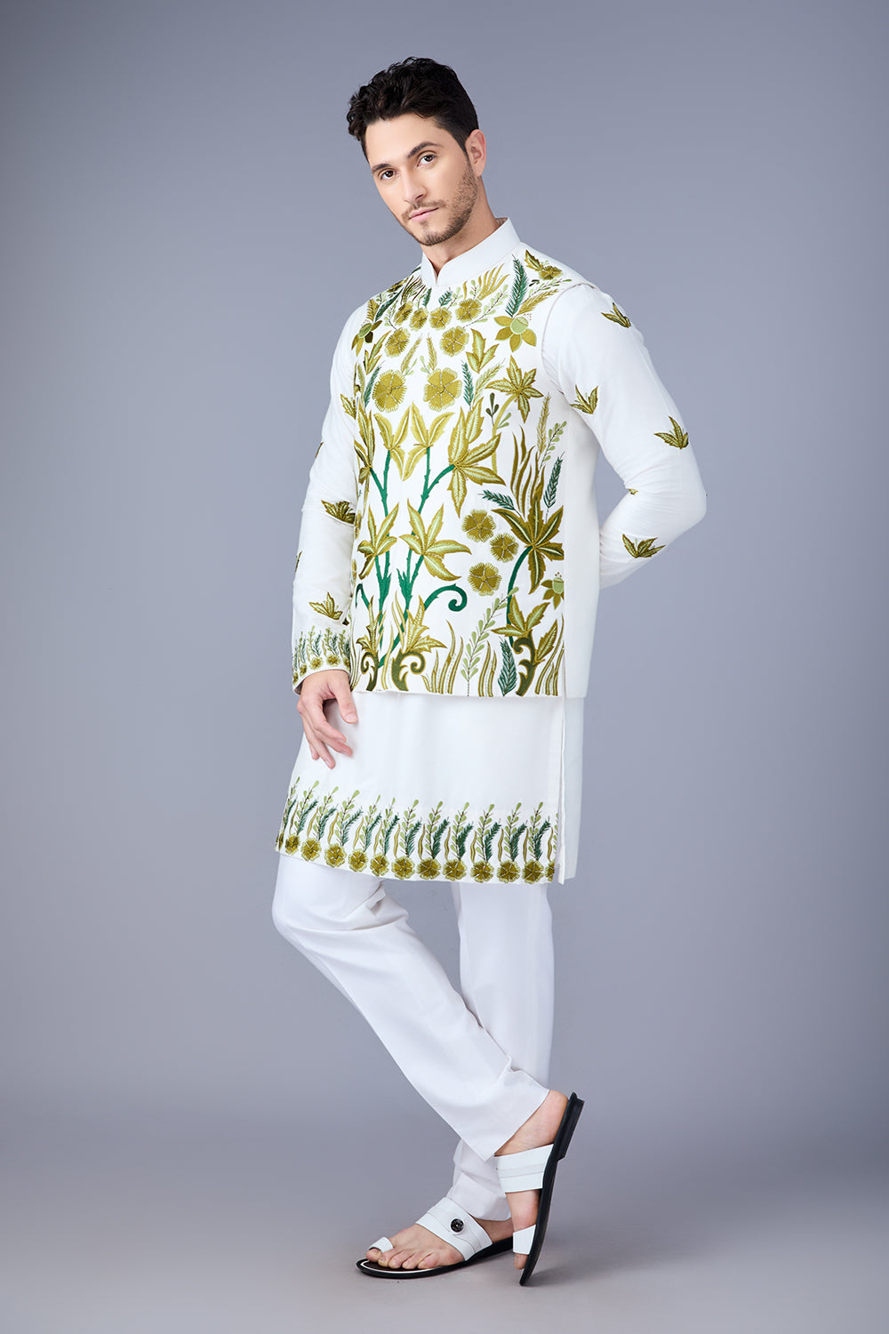 Off White And Green Embroidered Bundi Kurta Set