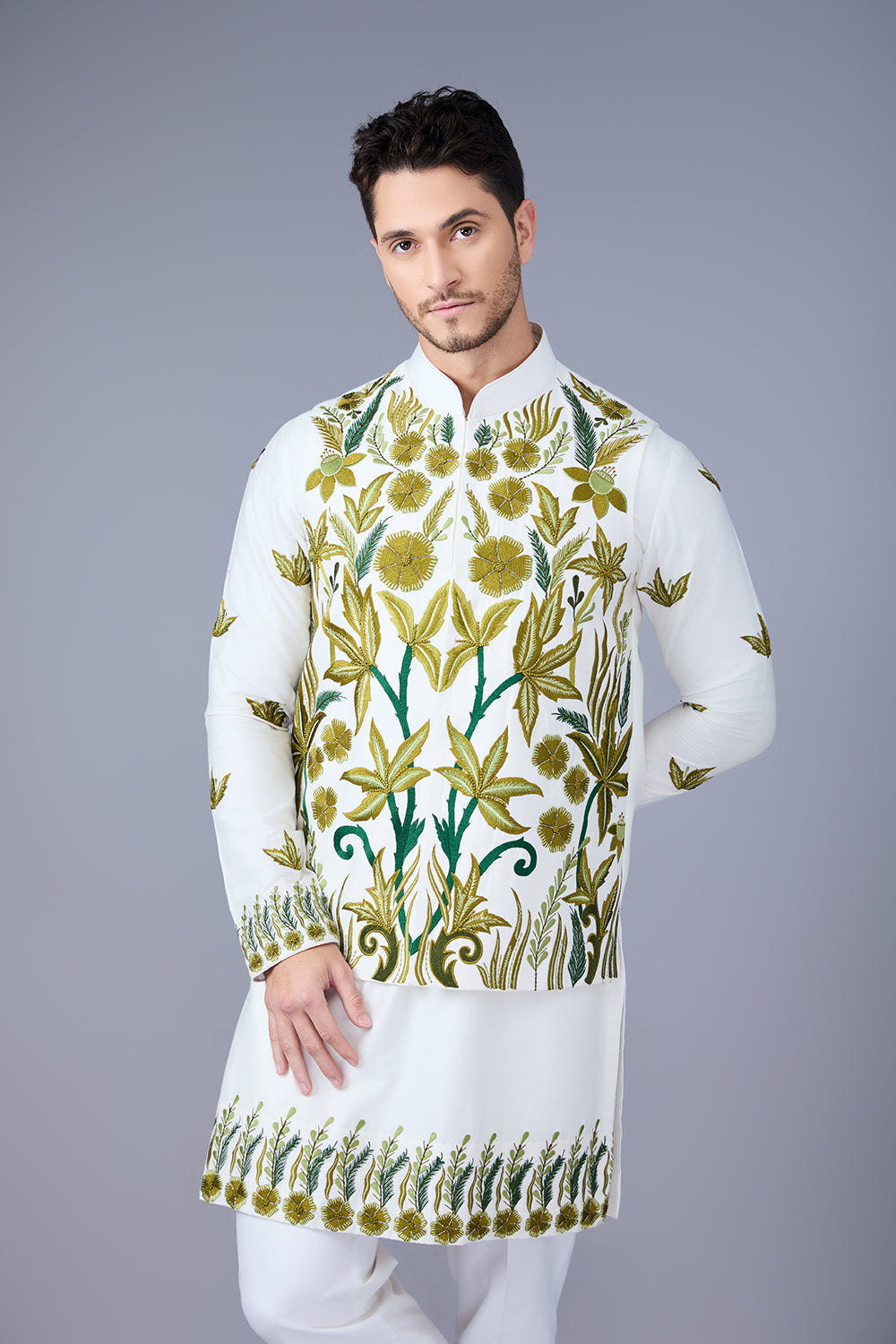 Off White And Green Embroidered Bundi Kurta Set