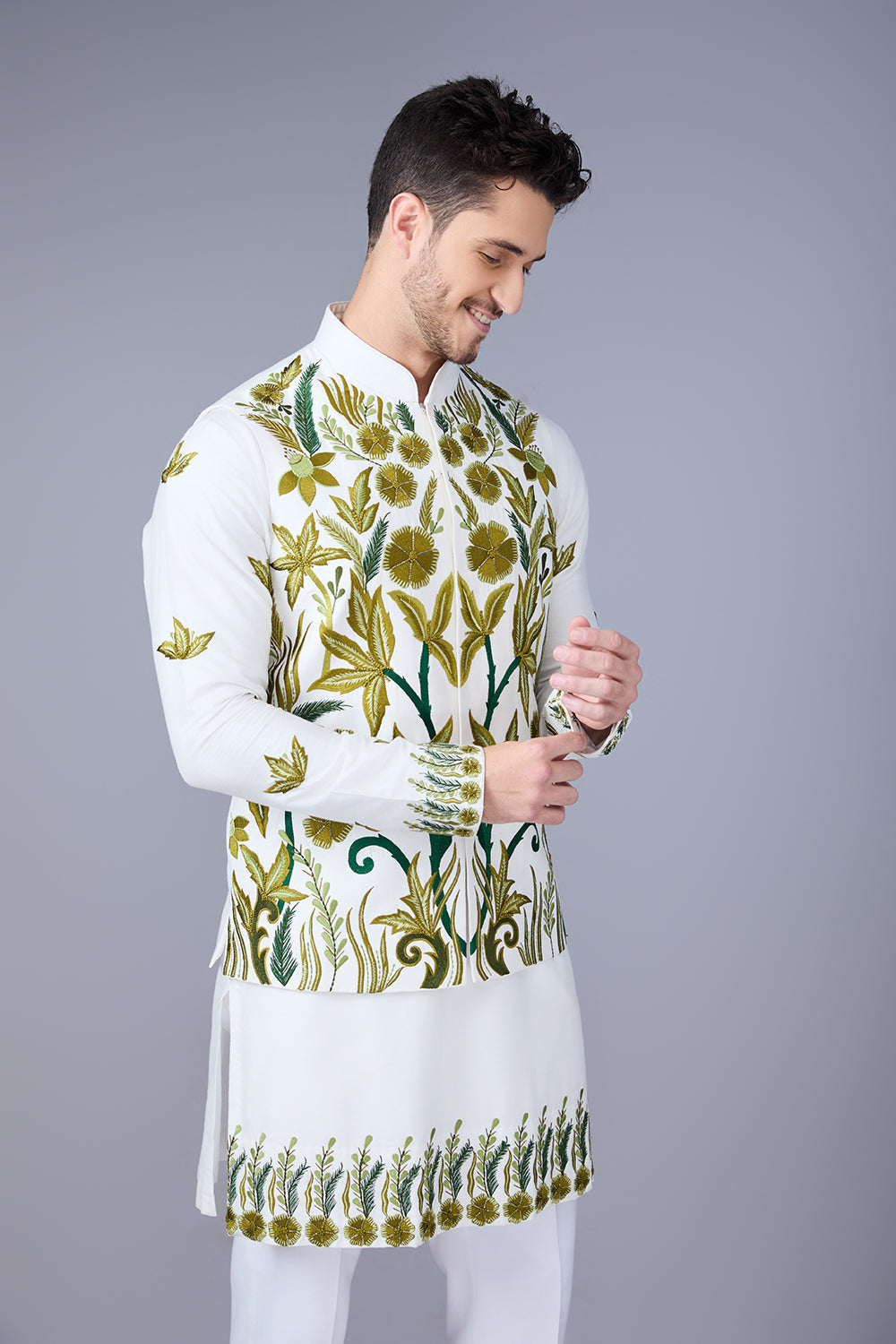 Off White And Green Embroidered Bundi Kurta Set
