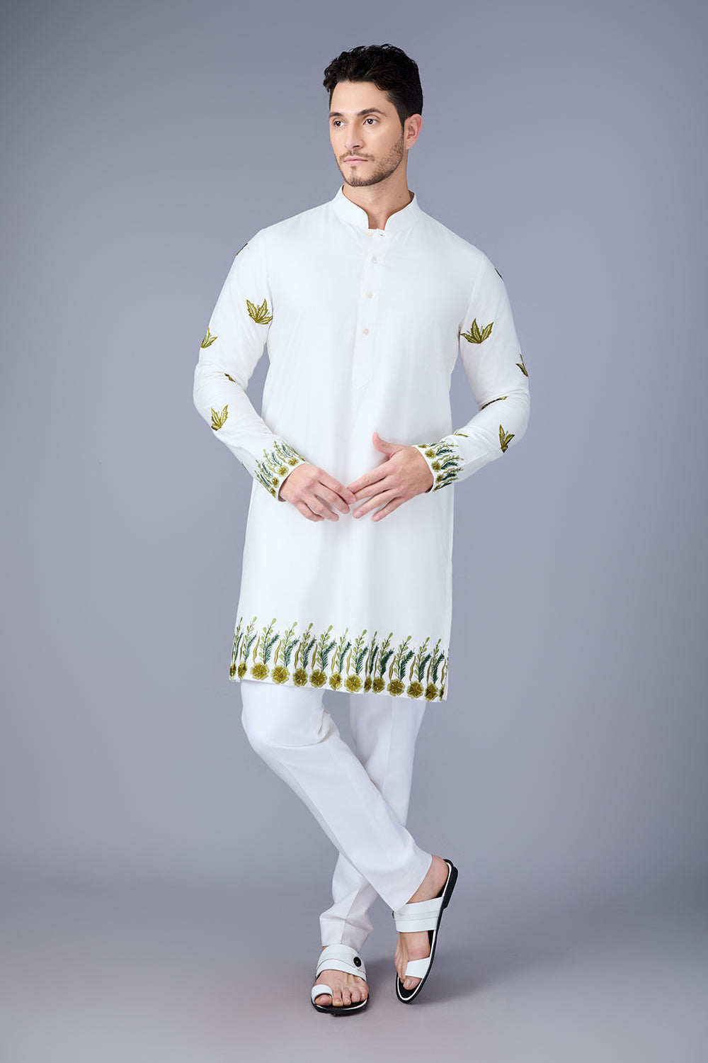 Off White And Green Embroidered Bundi Kurta Set