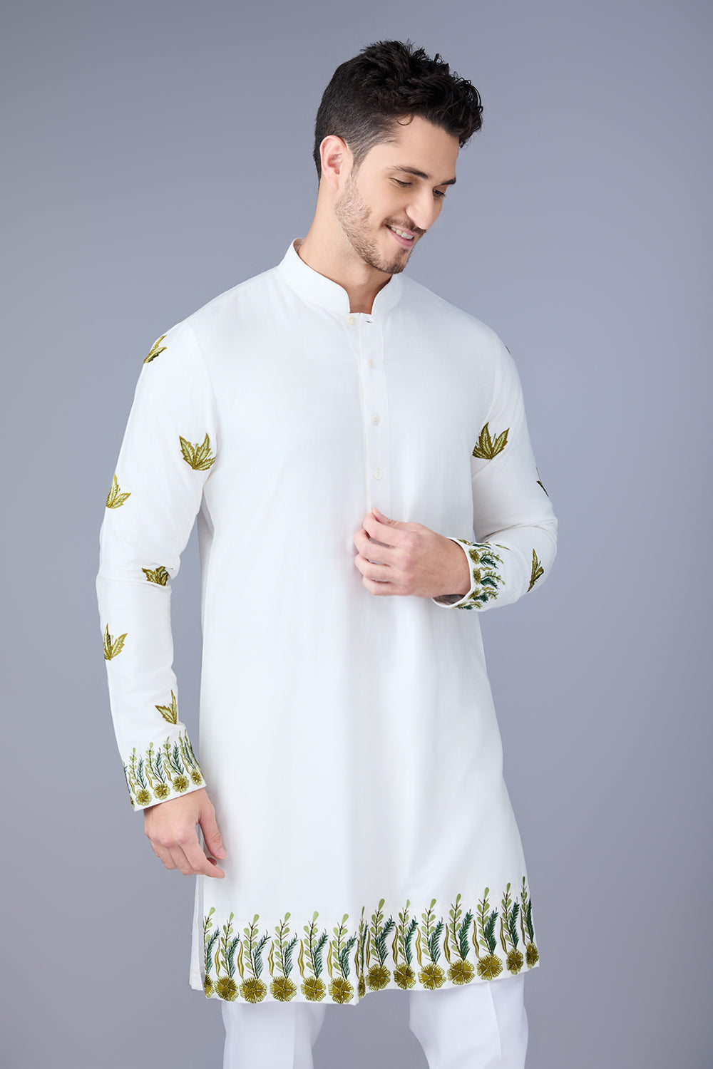 Off White And Green Embroidered Bundi Kurta Set