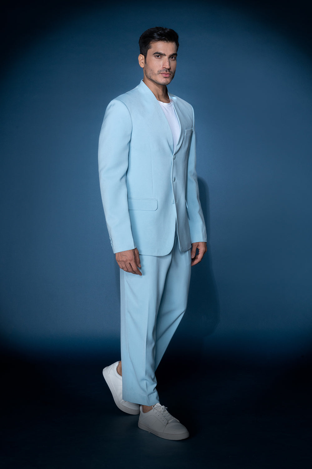 Sky Blue Collarless Jacket Set