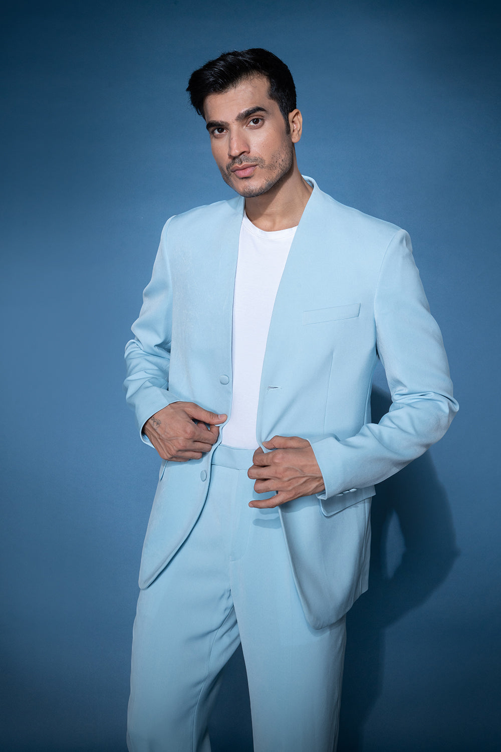 Sky Blue Collarless Jacket Set