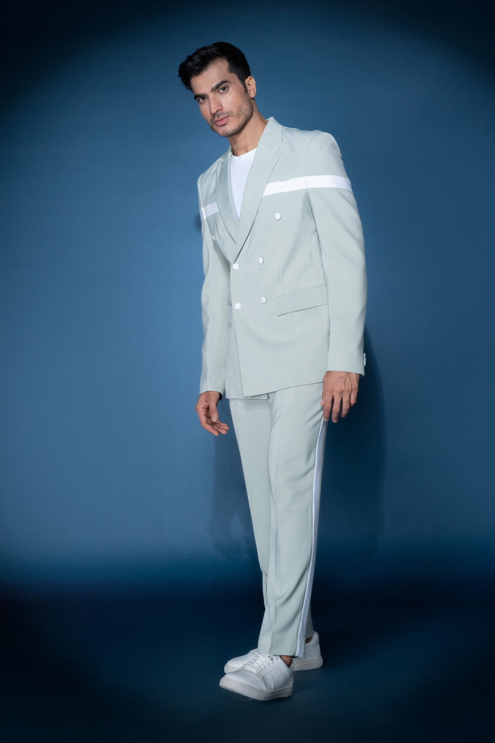 Sea Green & White Double Breasted Jacket Set