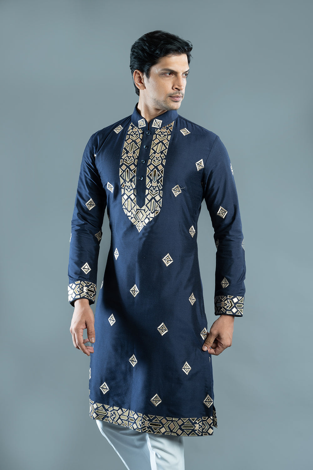 Navy Blue Cotton Silk Foil Kurta