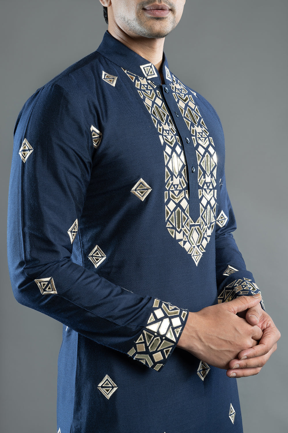 Navy Blue Cotton Silk Foil Kurta