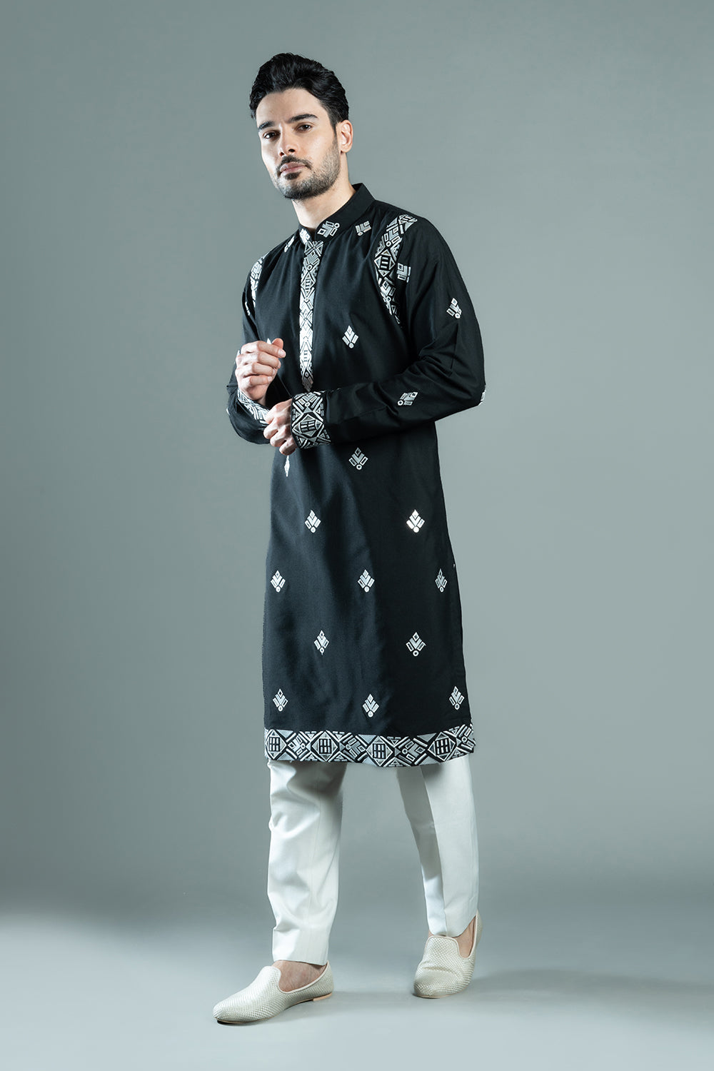 Black Cotton Silk Foil Kurta