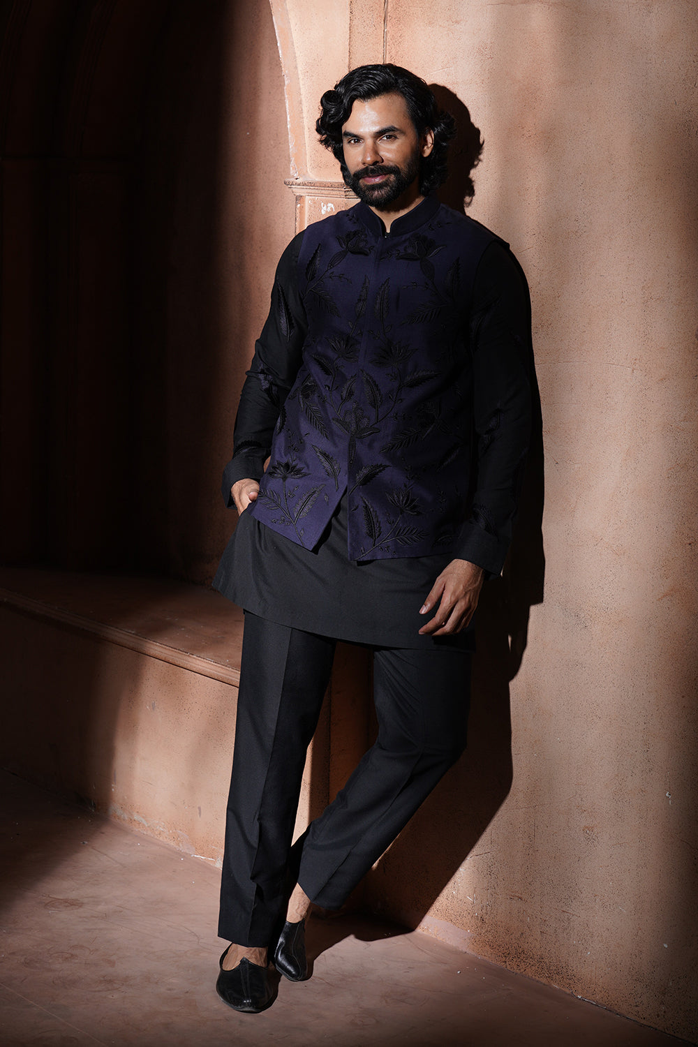 Navy Blue Leaf Embroidered Nehru Jacket