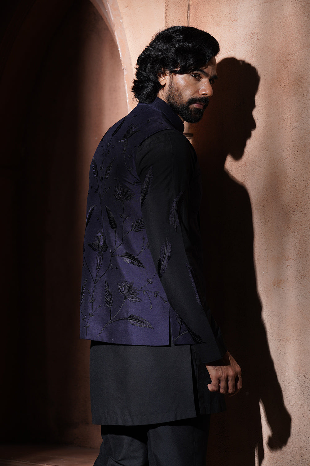 Navy Blue Leaf Embroidered Nehru Jacket