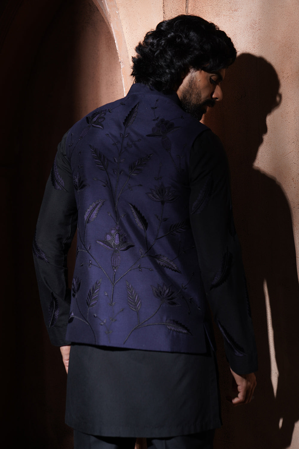 Navy Blue Leaf Embroidered Nehru Jacket