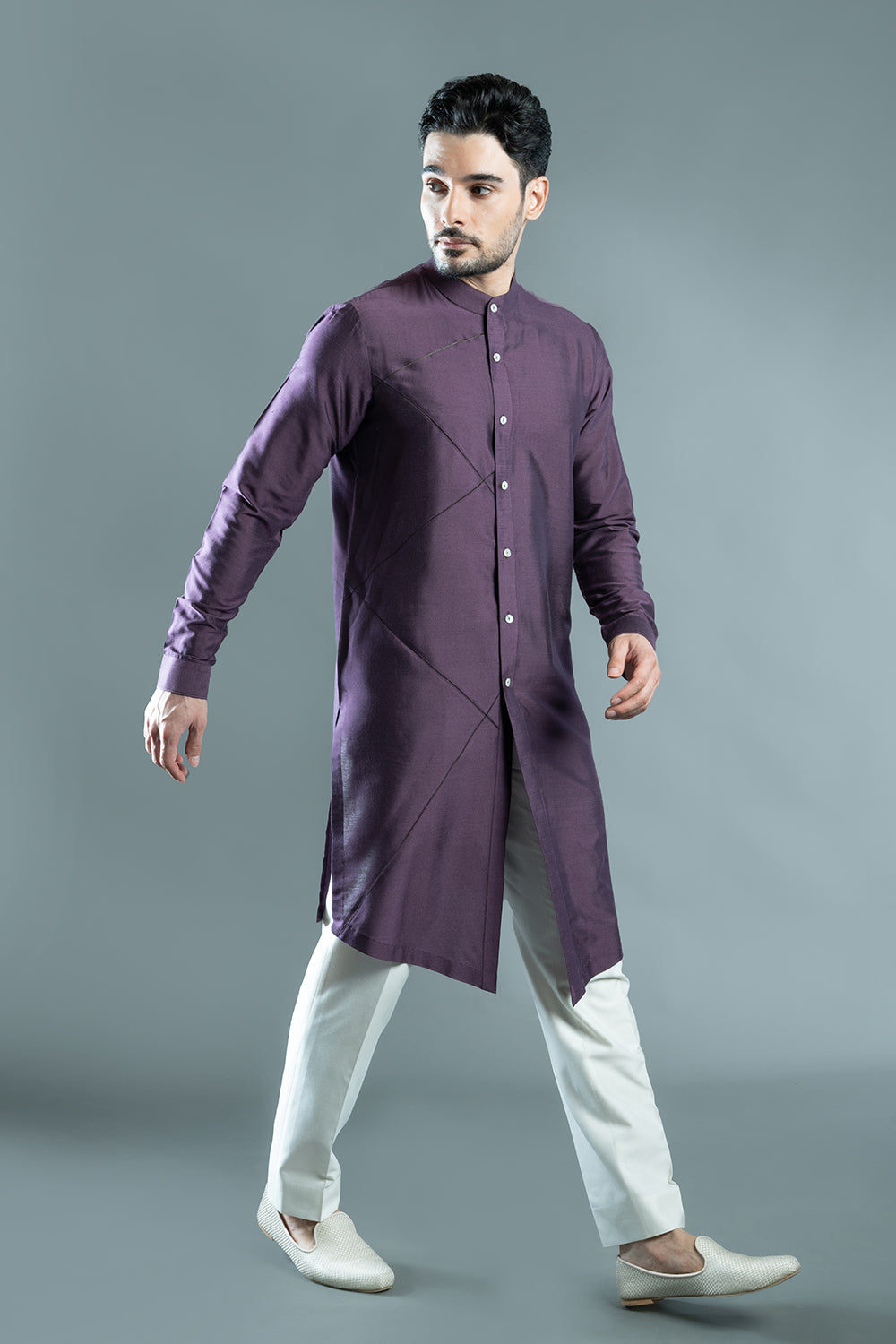 Purple Sherwani Cut Embroidered Kurta