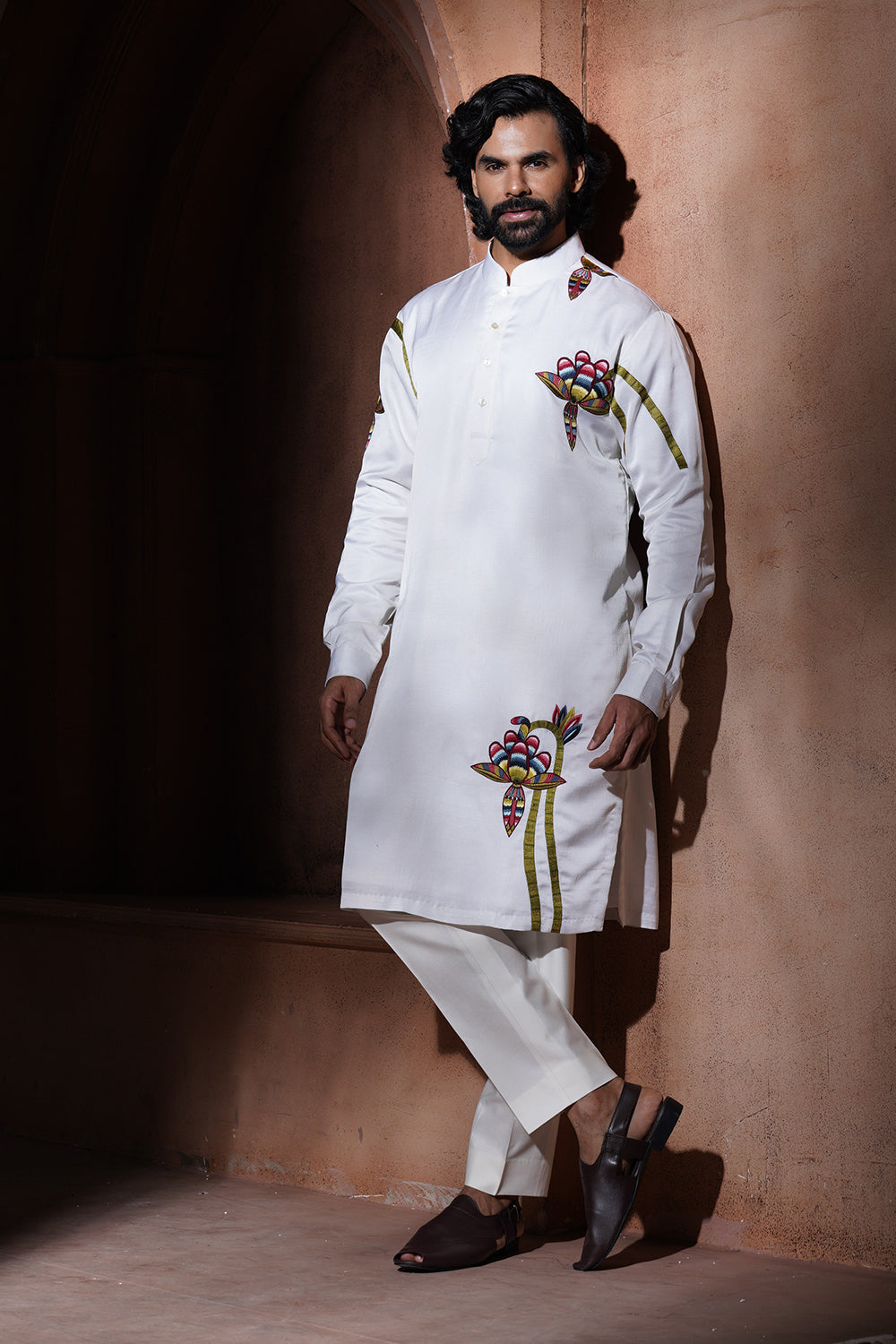 Off White Banana Flower Embroidered Kurta Pajama Set