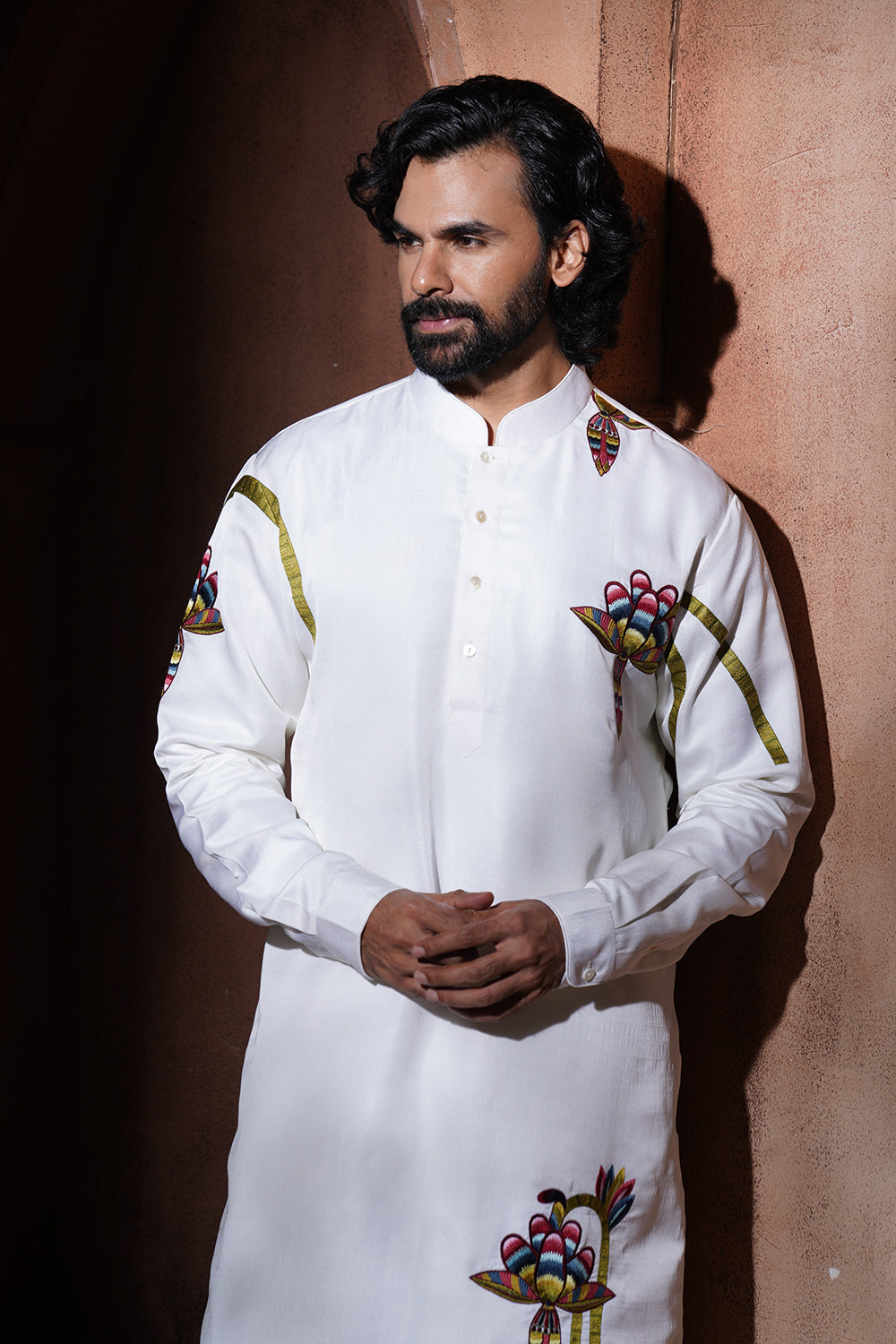 Off White Banana Flower Embroidered Kurta Pajama Set