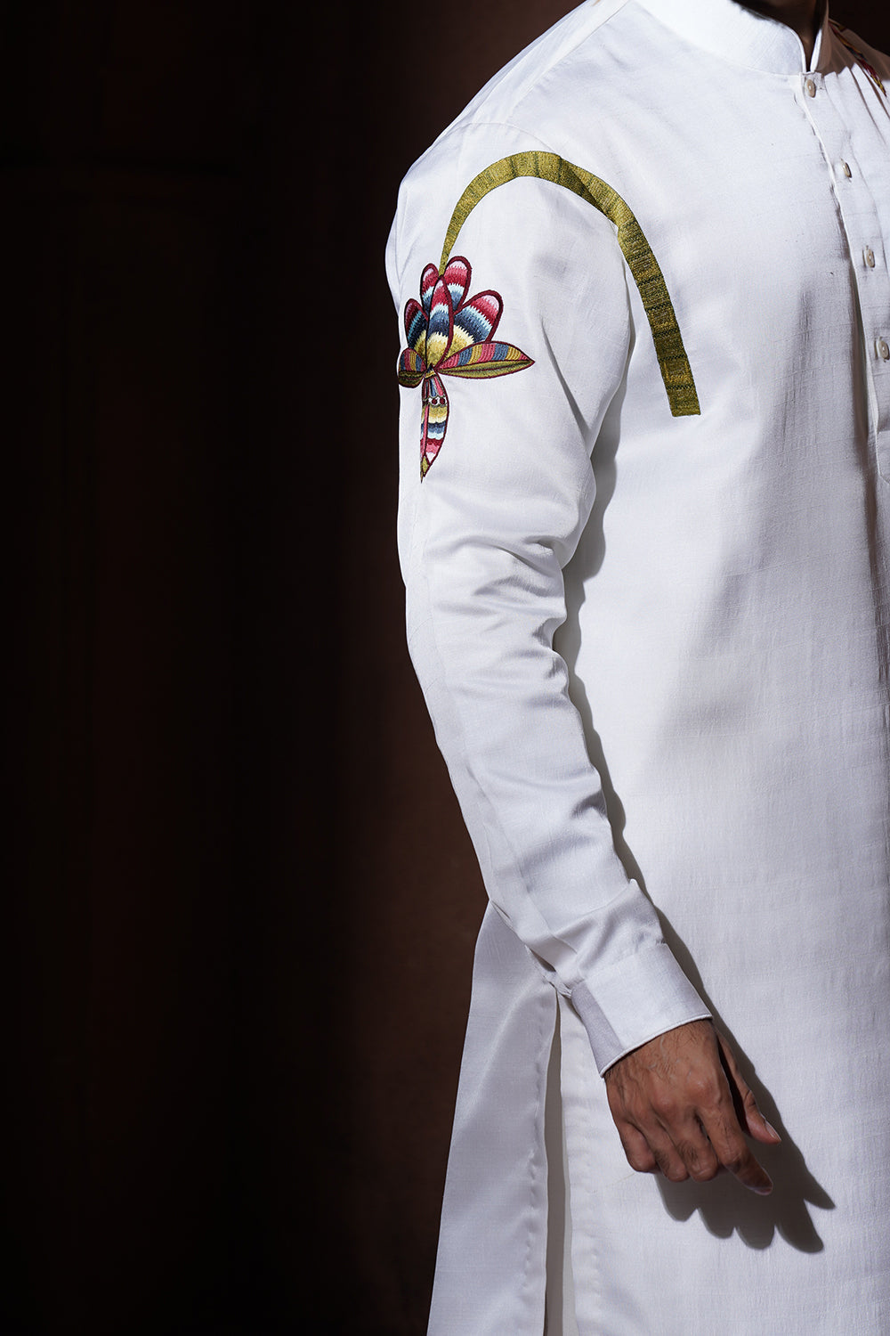 Off White Banana Flower Embroidered Kurta Pajama Set