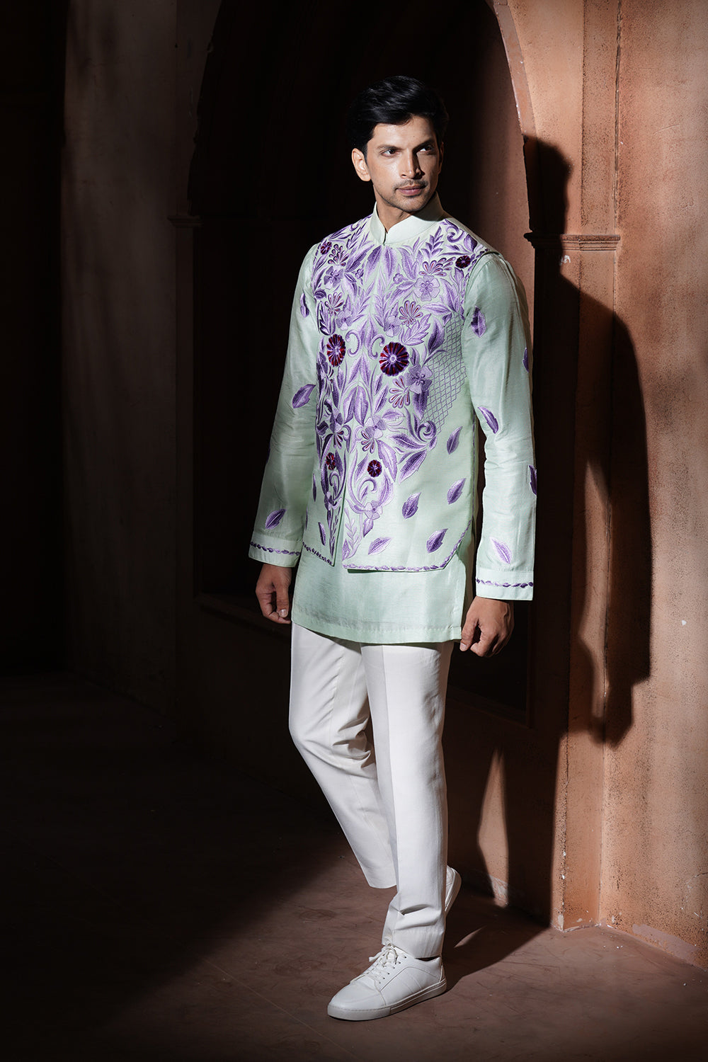 Mint Green Kurta Bundi With Purple Embroidery