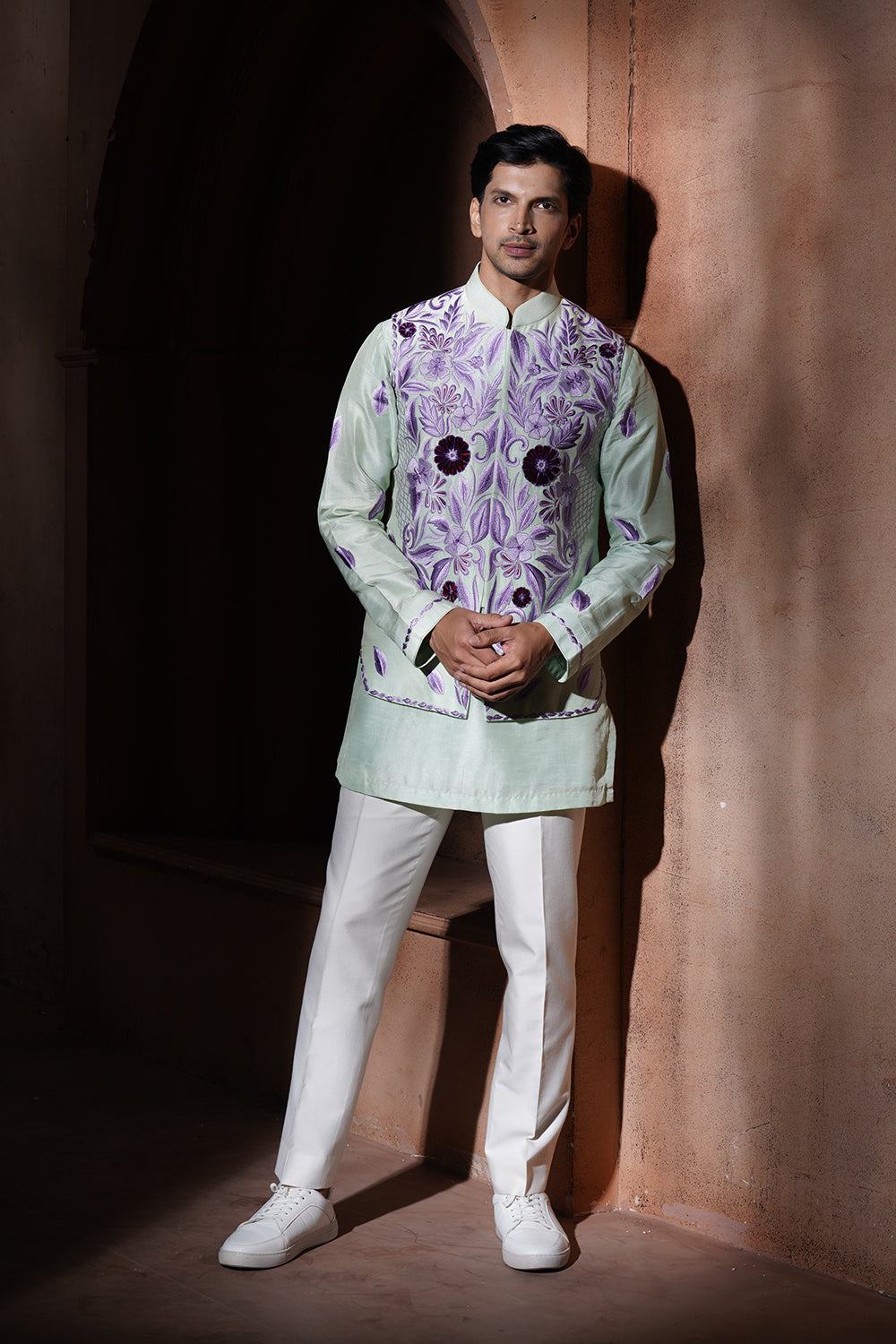 Mint Green Kurta Bundi With Purple Embroidery