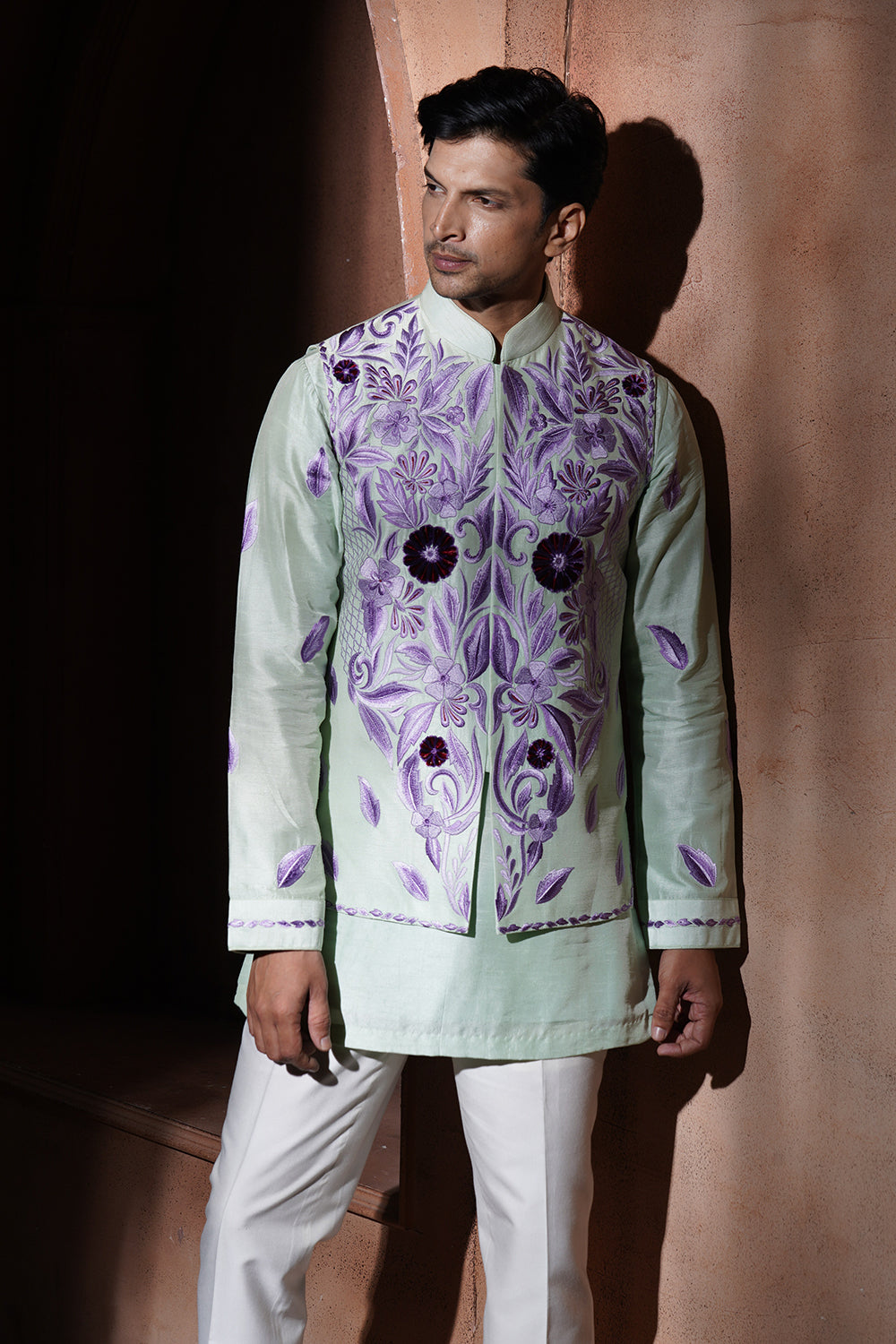 Mint Green Kurta Bundi With Purple Embroidery