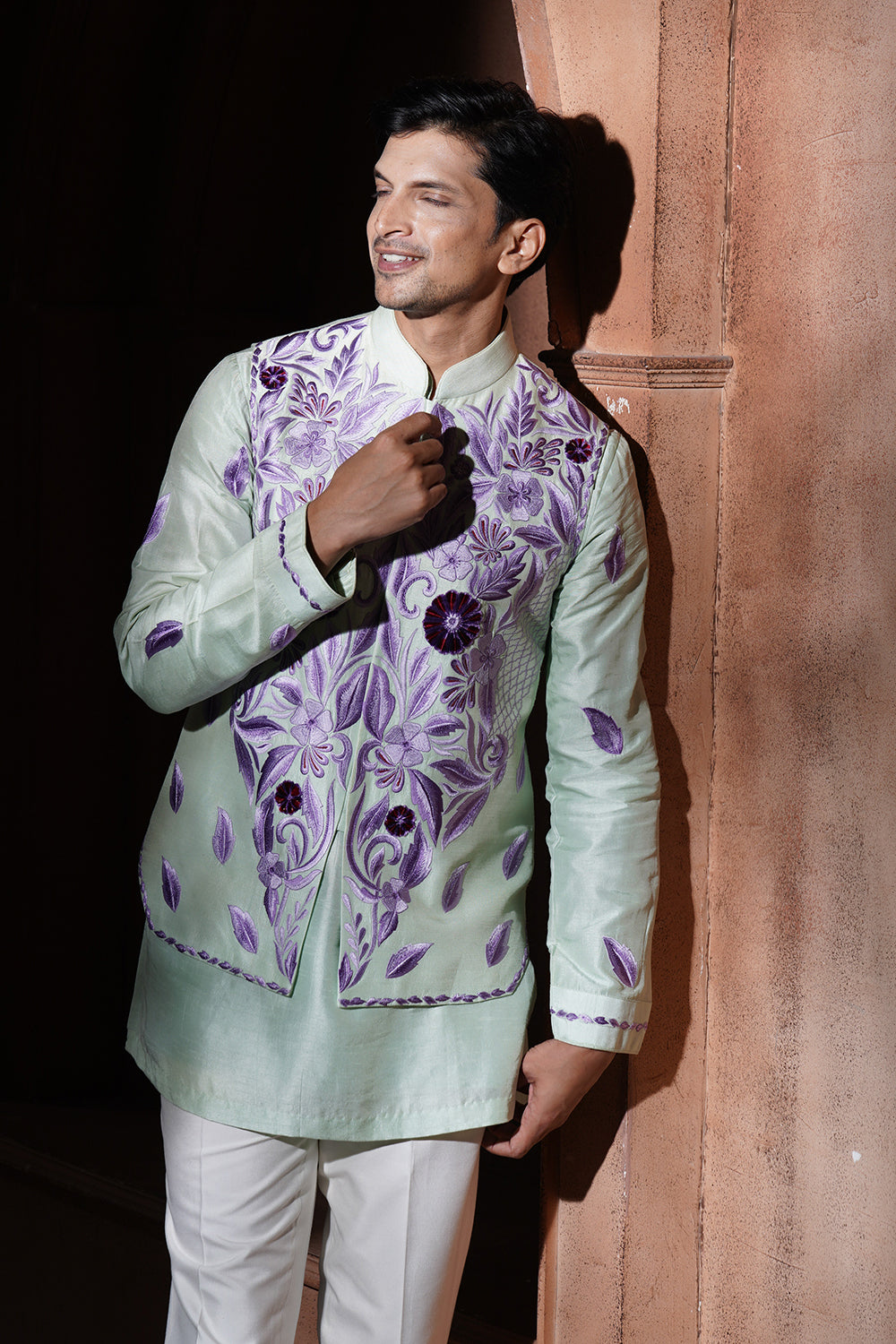 Mint Green Kurta Bundi With Purple Embroidery