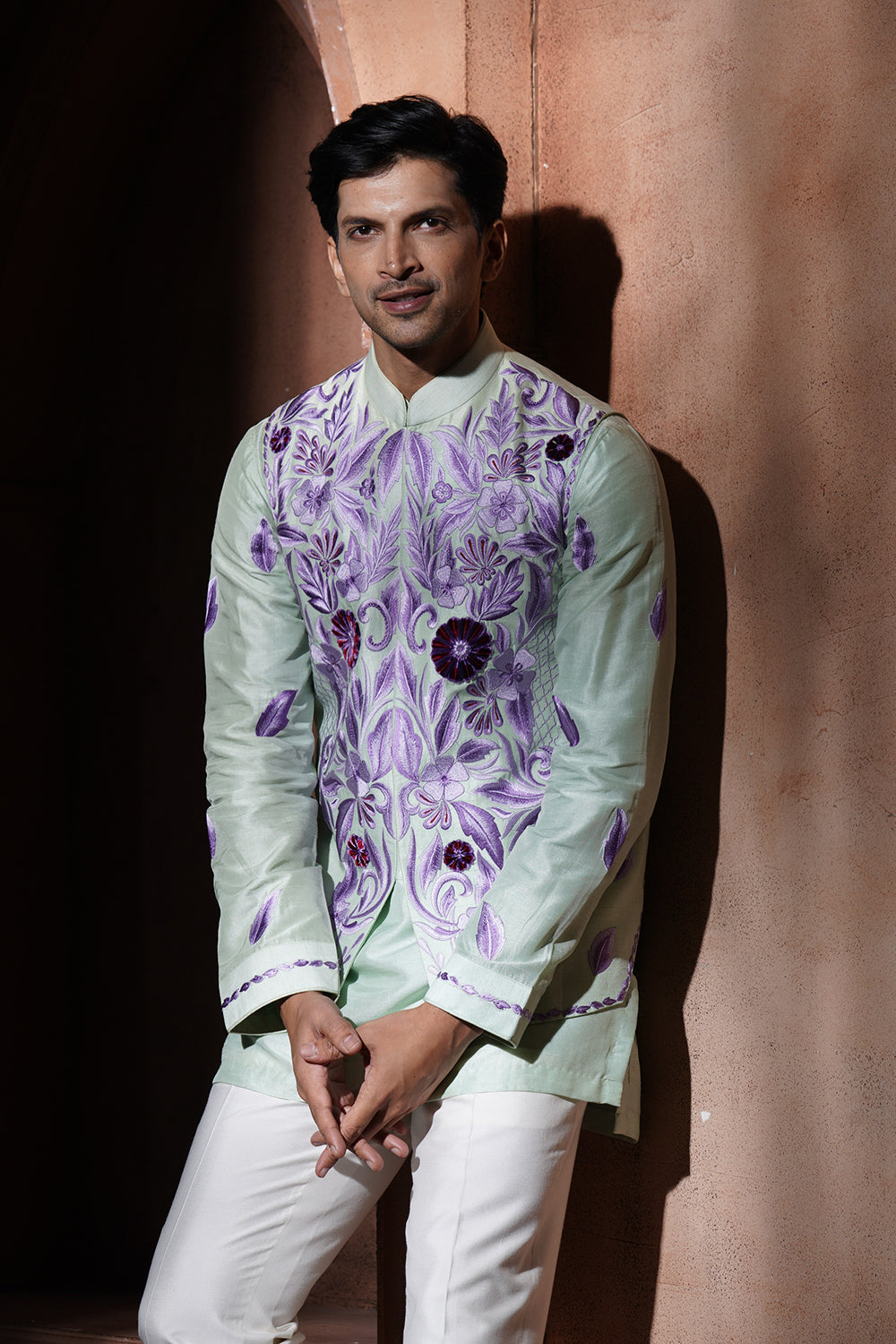Mint Green Kurta Bundi With Purple Embroidery