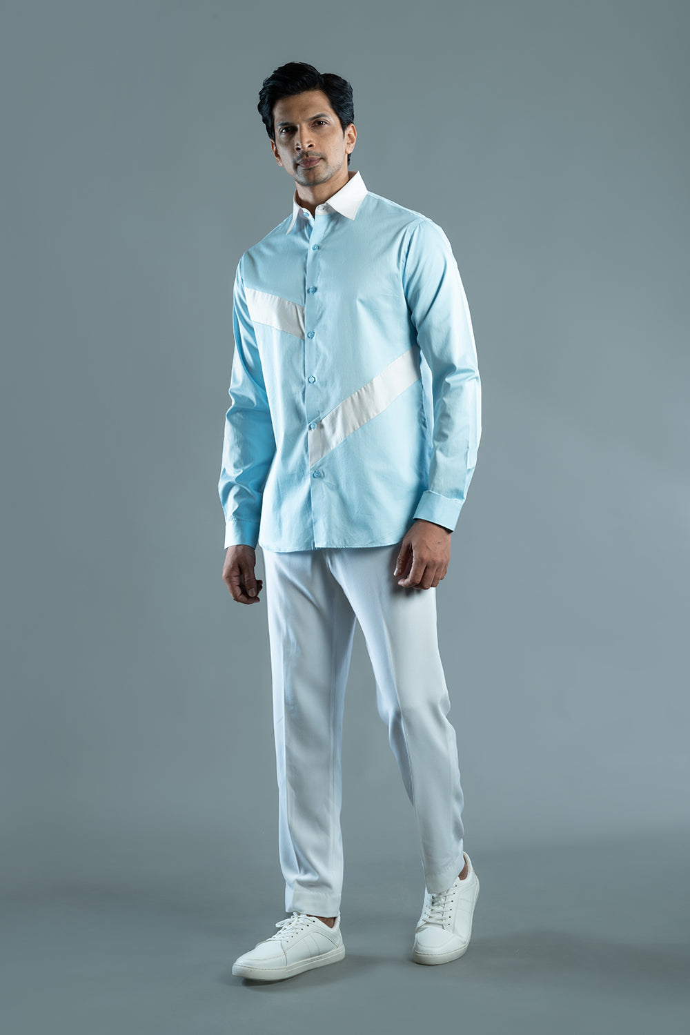 Powder Blue And White Block Cotton Shirt