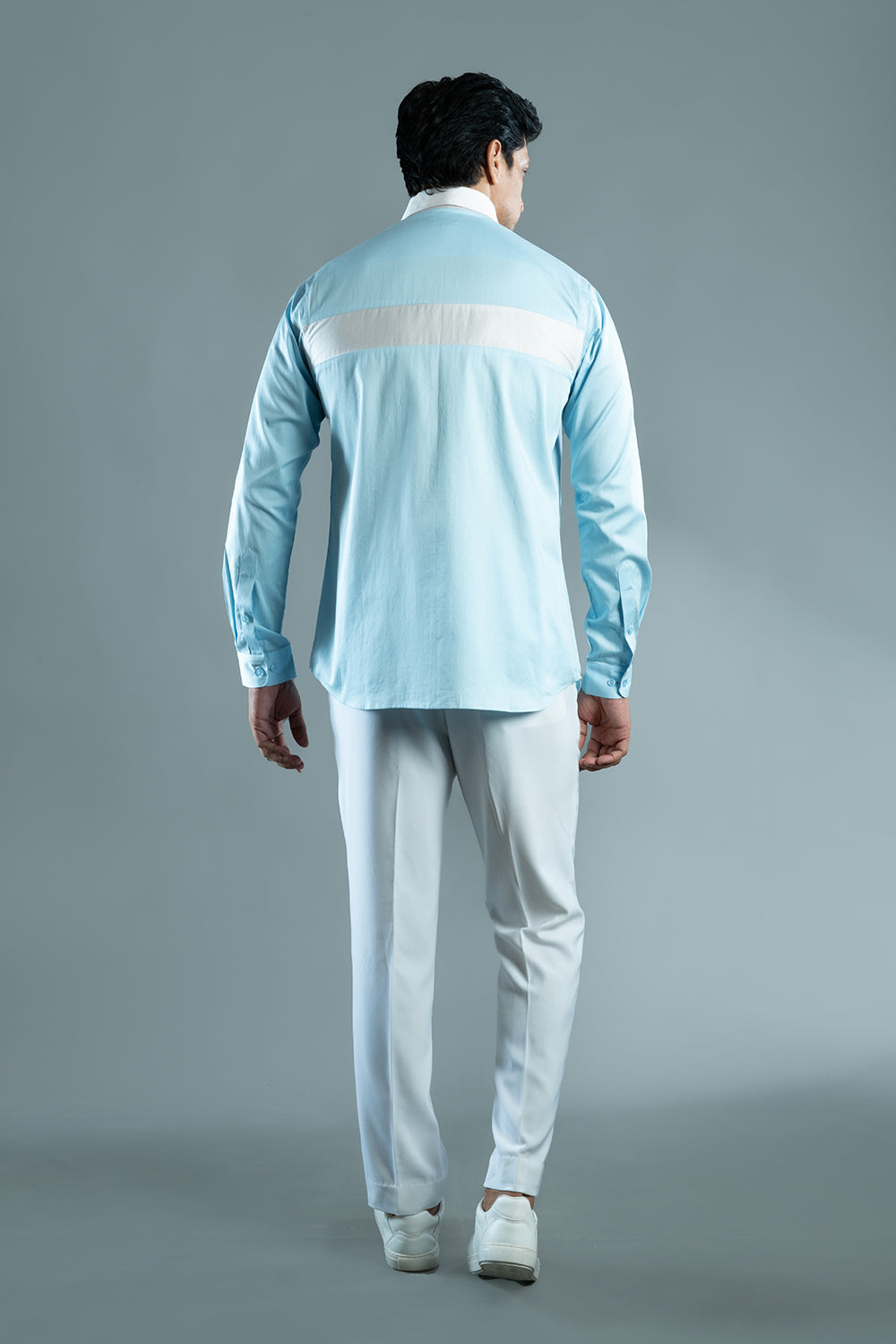 Powder Blue And White Block Cotton Shirt