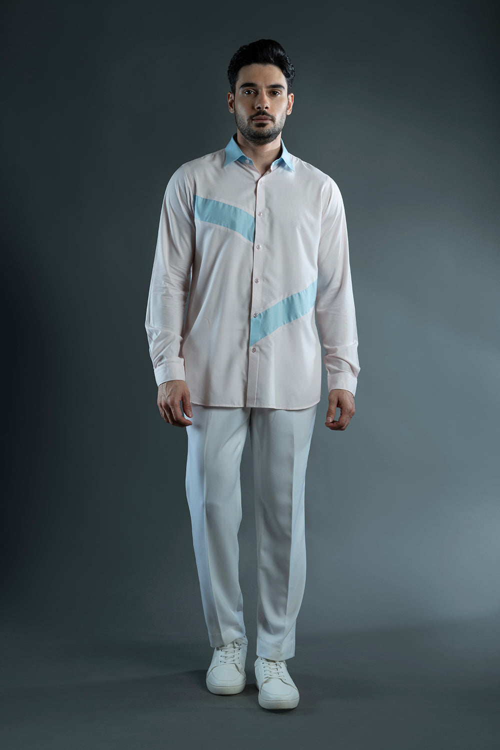 Pink & Blue Cotton Colour Block Shirt