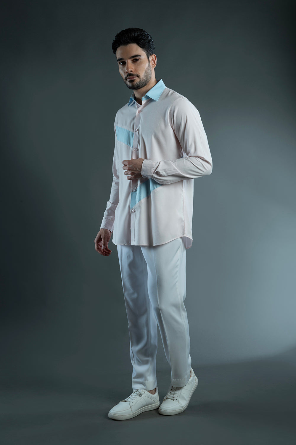 Pink & Blue Cotton Colour Block Shirt