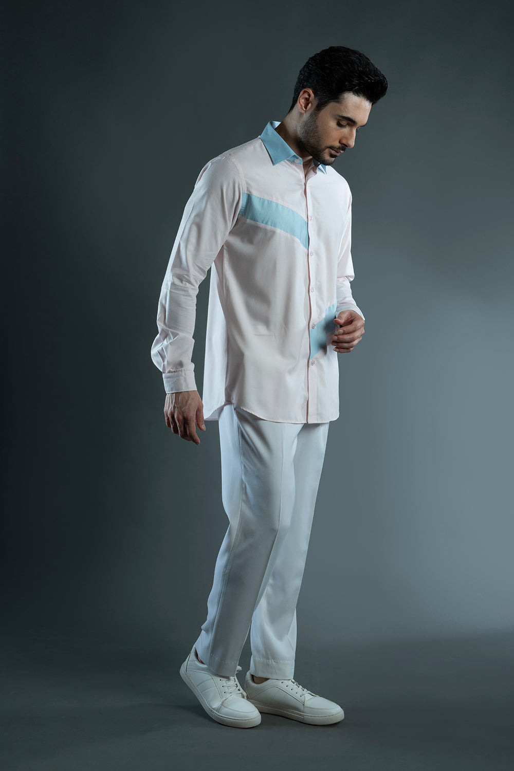 Pink & Blue Cotton Colour Block Shirt