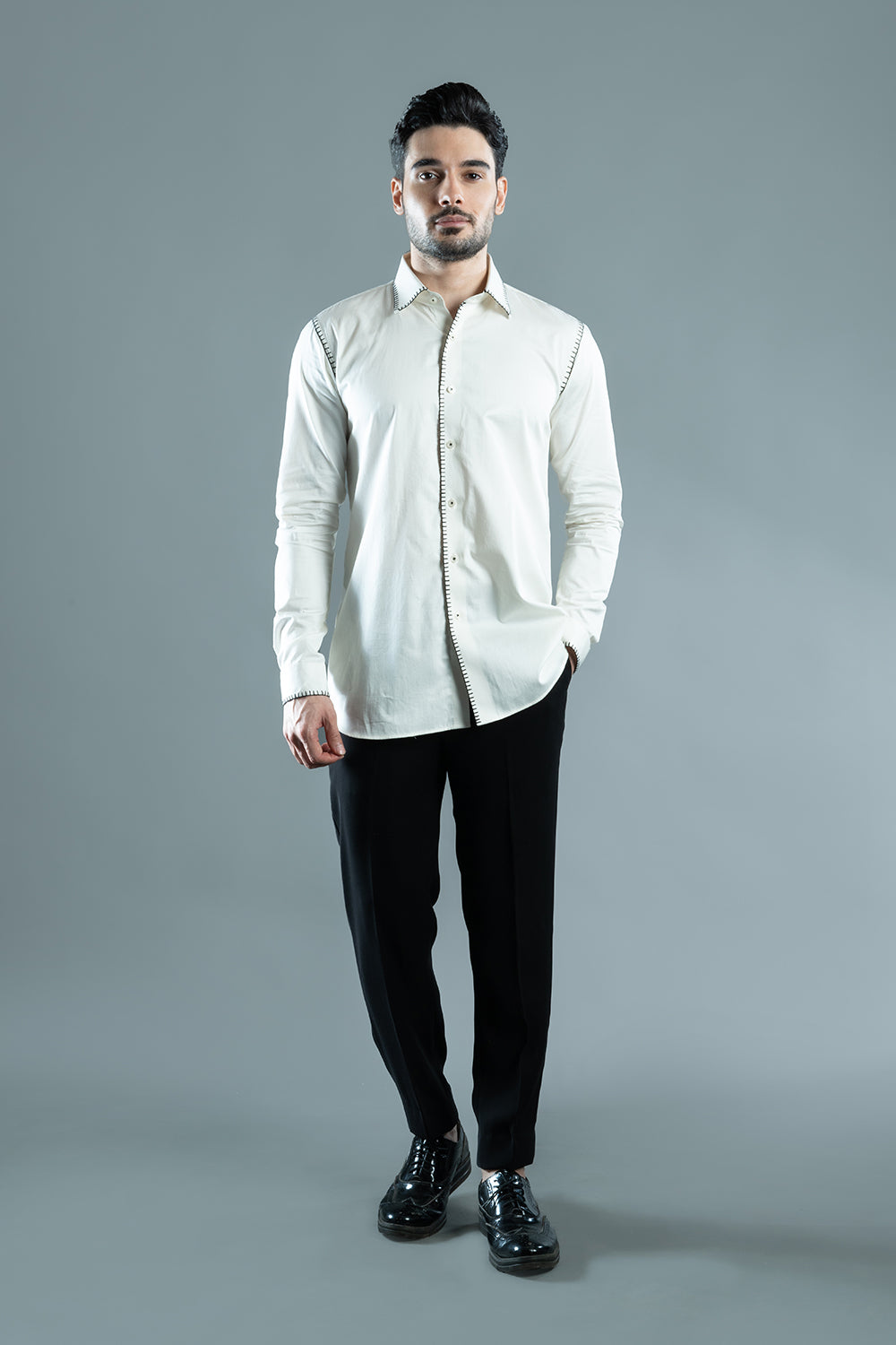 White Shirt With Black Blanket Stitch