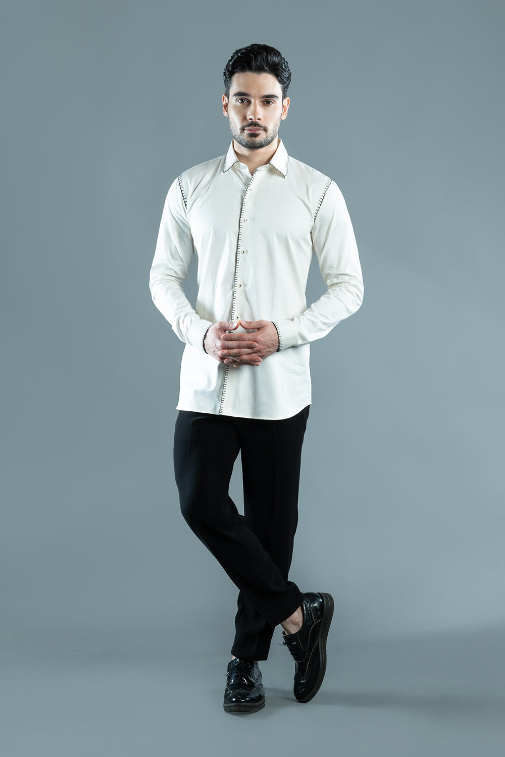 White Shirt With Black Blanket Stitch
