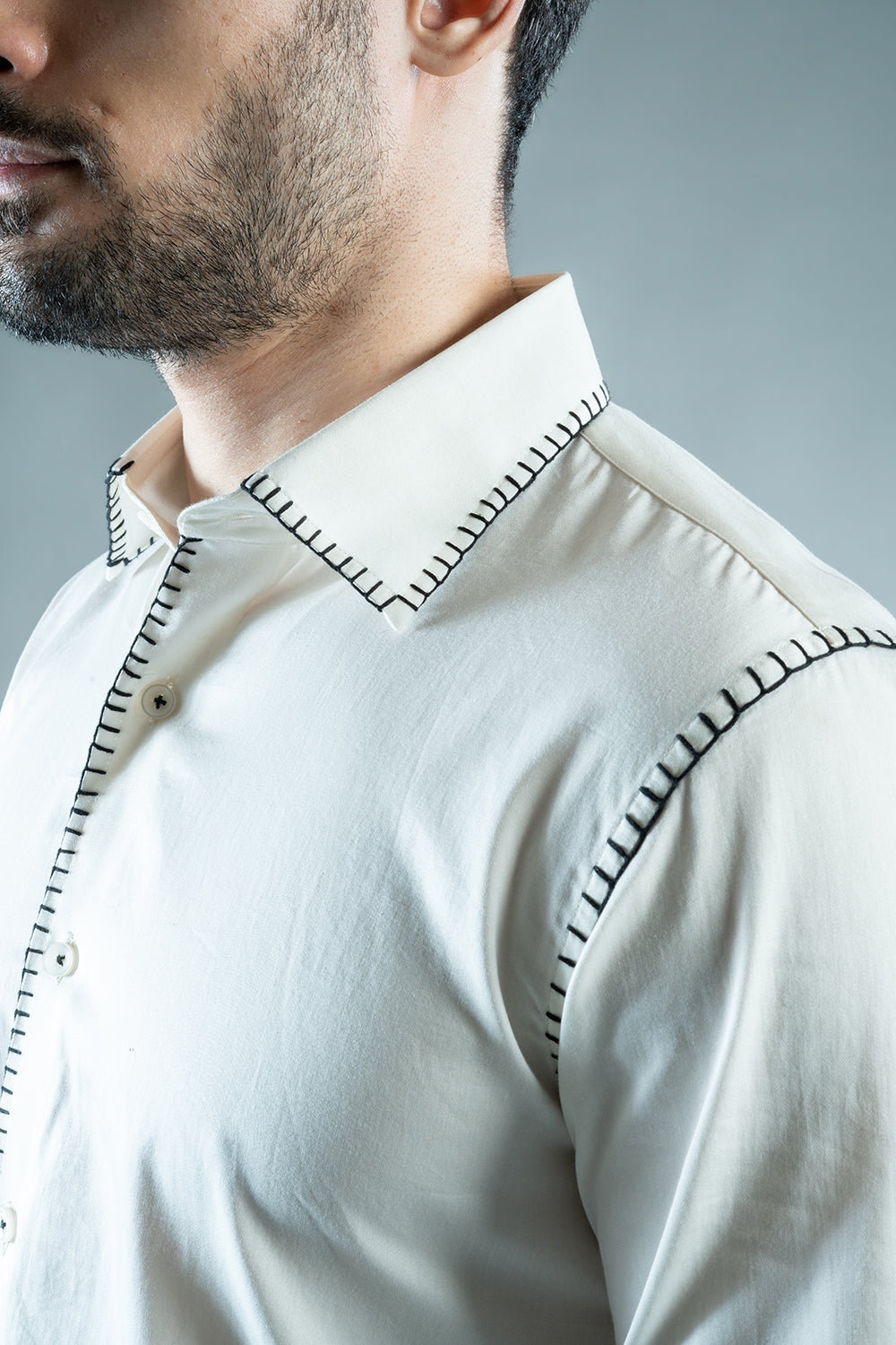 White Shirt With Black Blanket Stitch
