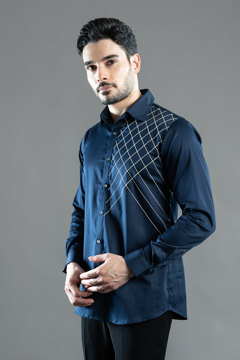 Navy Blue Shirt With Criss Cross Embroidery