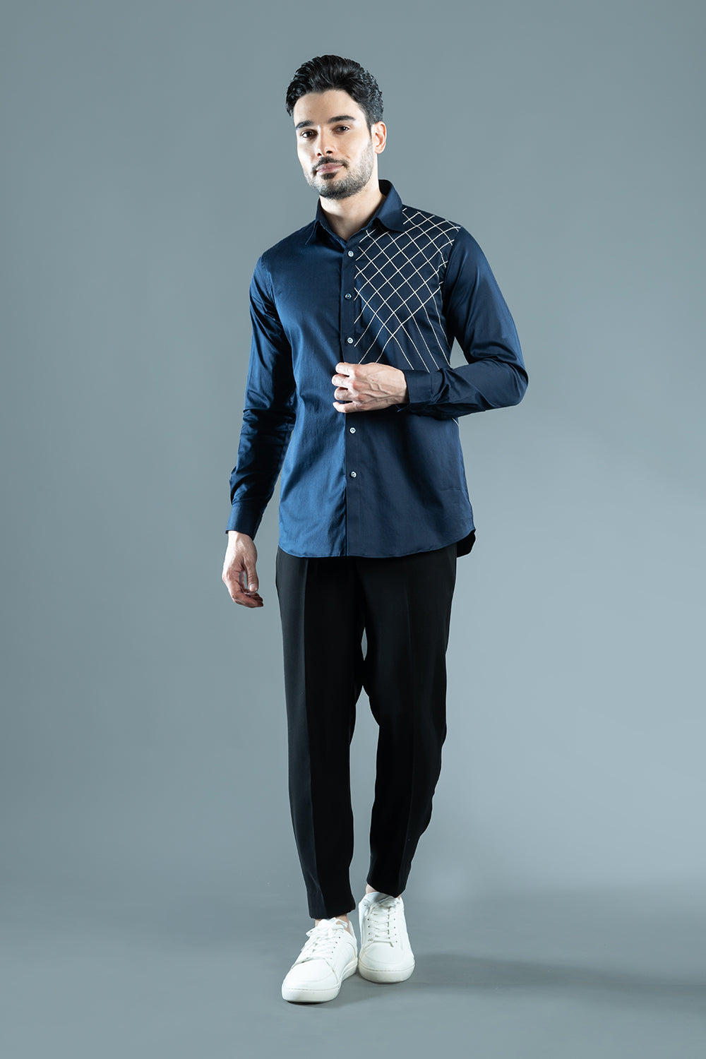 Navy Blue Shirt With Criss Cross Embroidery