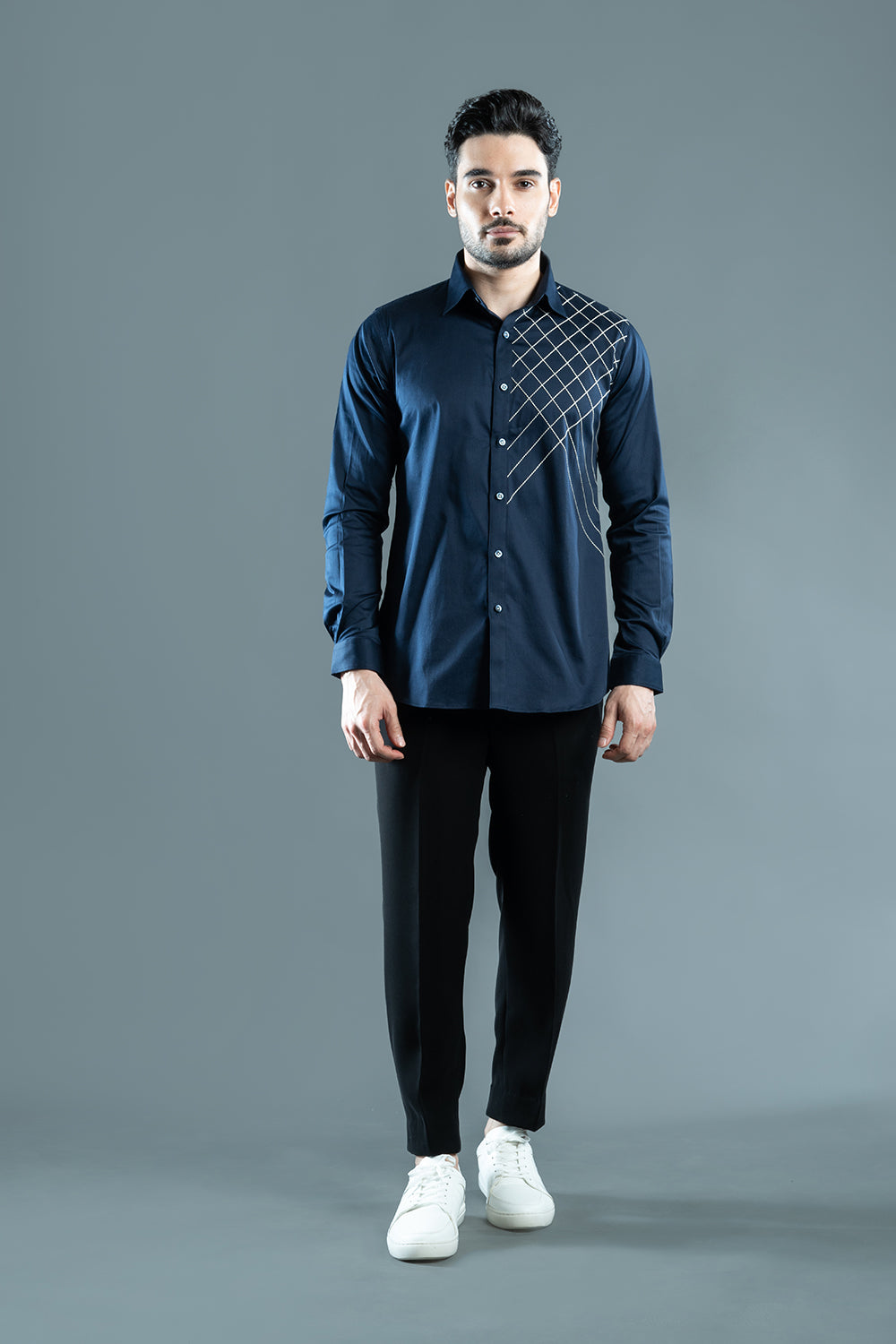 Navy Blue Shirt With Criss Cross Embroidery