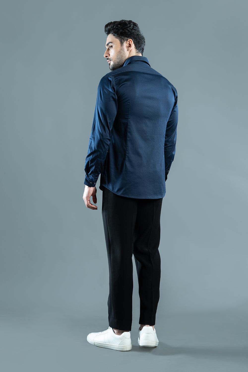 Navy Blue Shirt With Criss Cross Embroidery