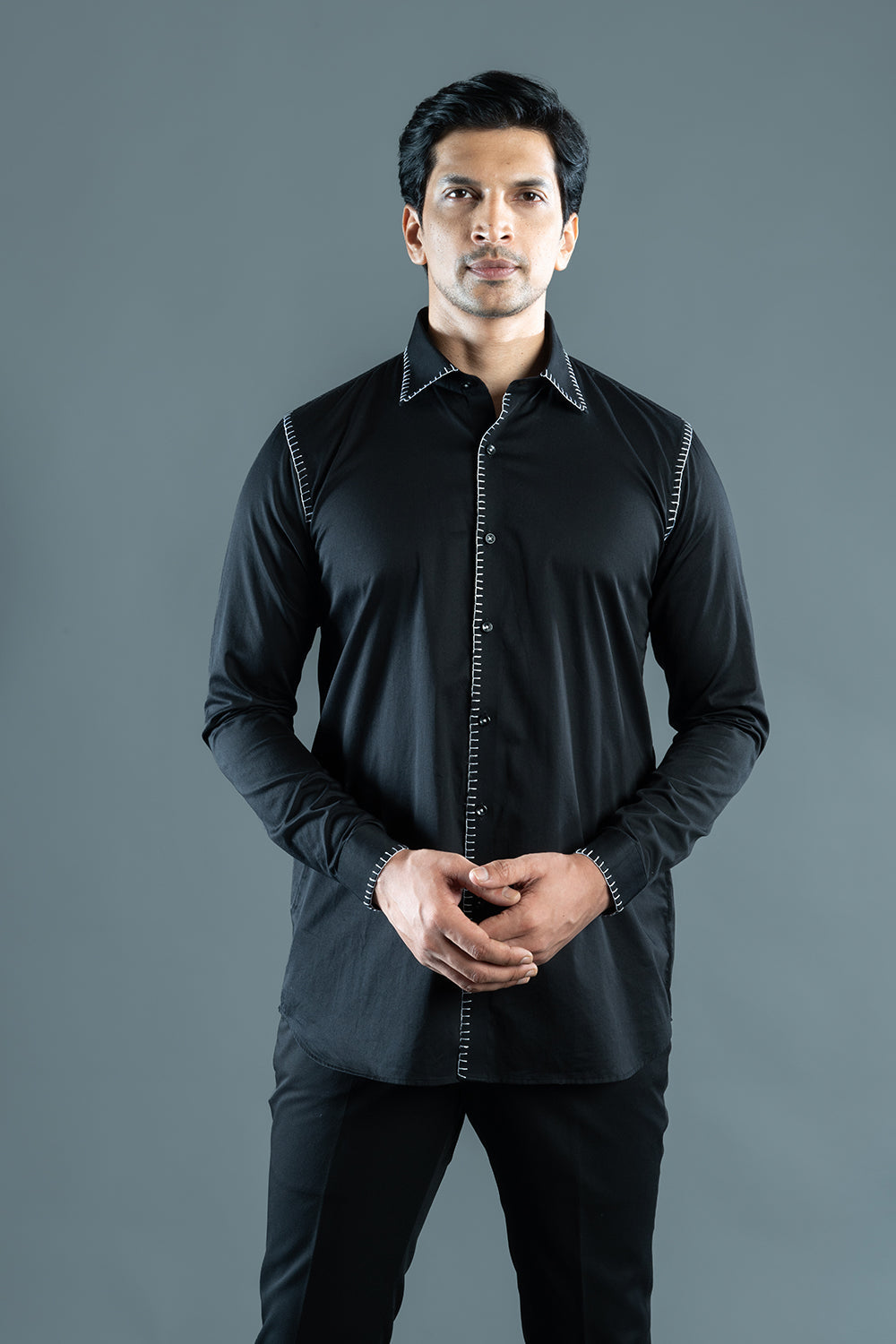 Black Shirt With White Blanket Stich