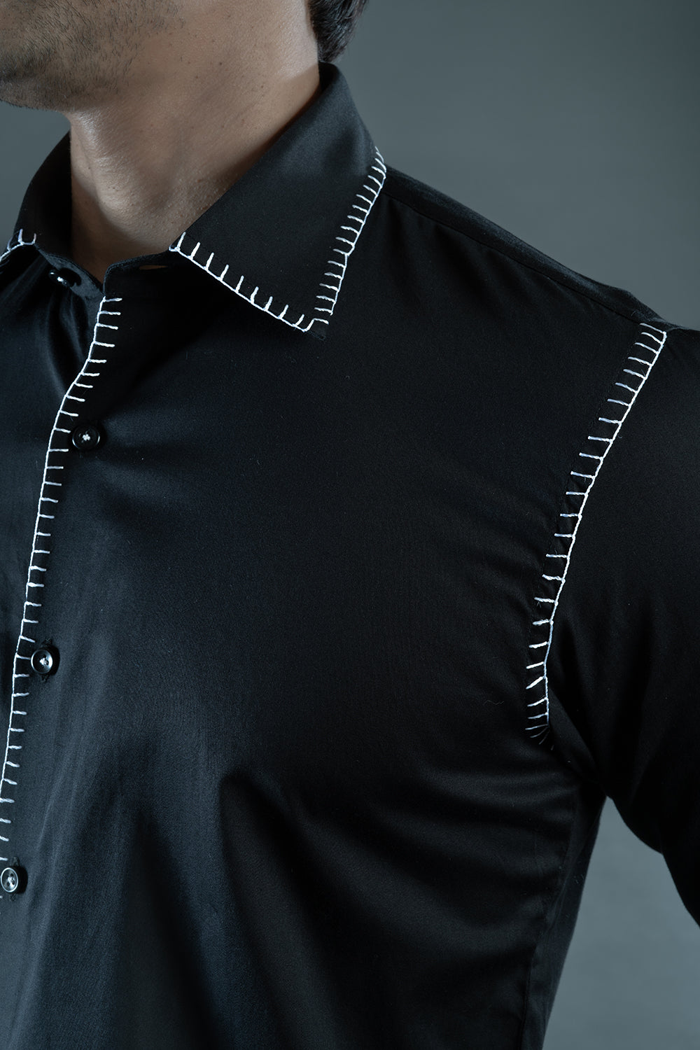 Black Shirt With White Blanket Stich