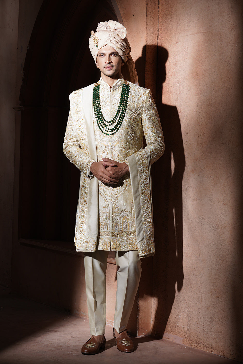 Cream Hand Embroidered Sherwani