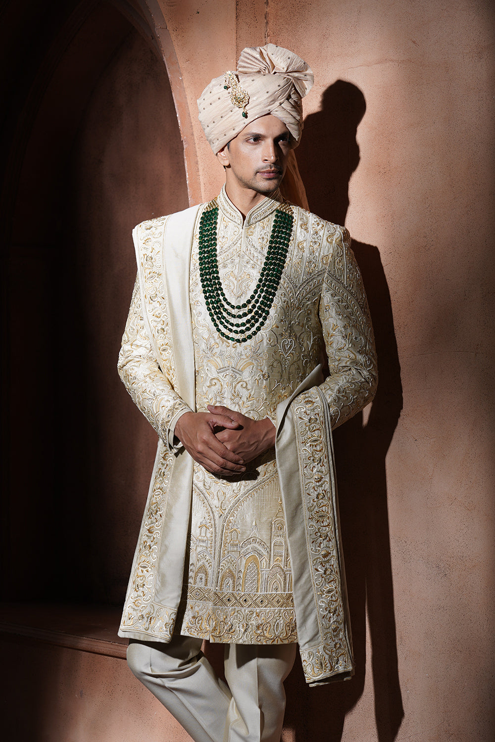 Cream Hand Embroidered Sherwani