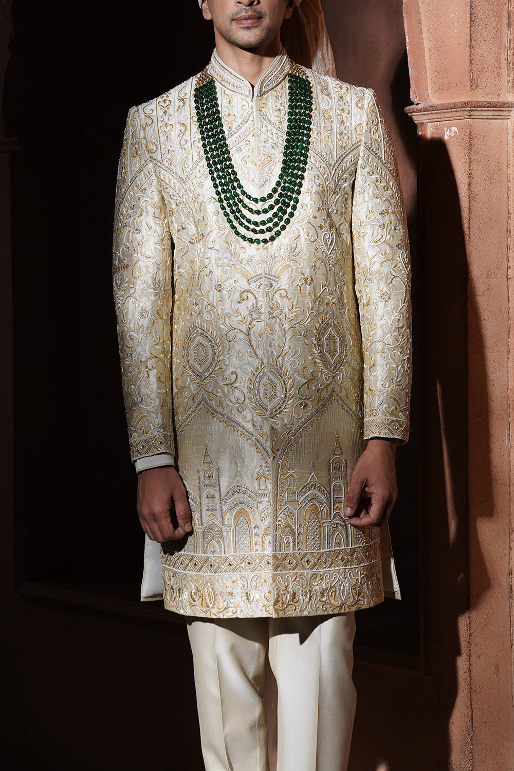 Cream Hand Embroidered Sherwani