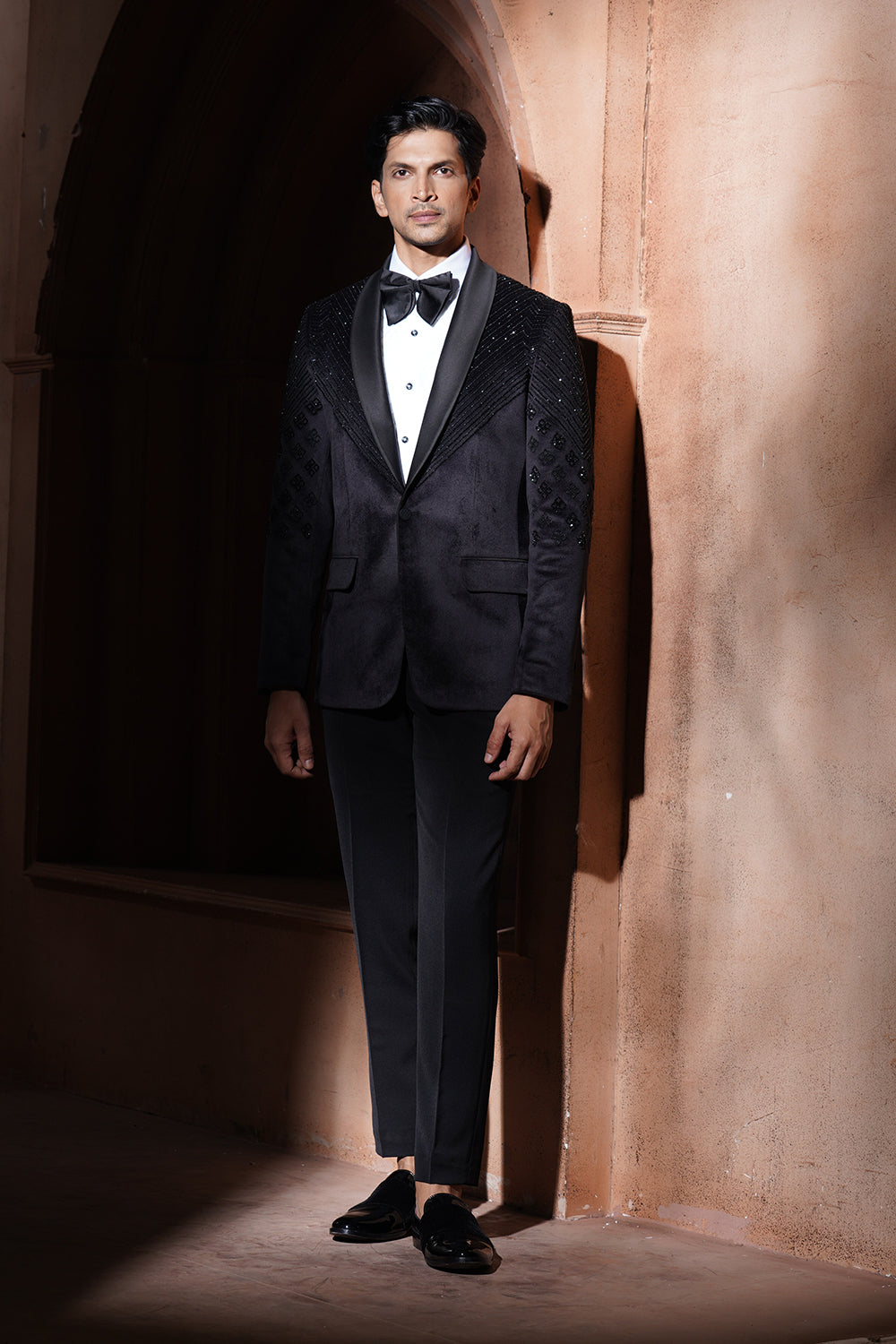 Black Tuxedo With Embroidery On Sholders And Half Sleeves
