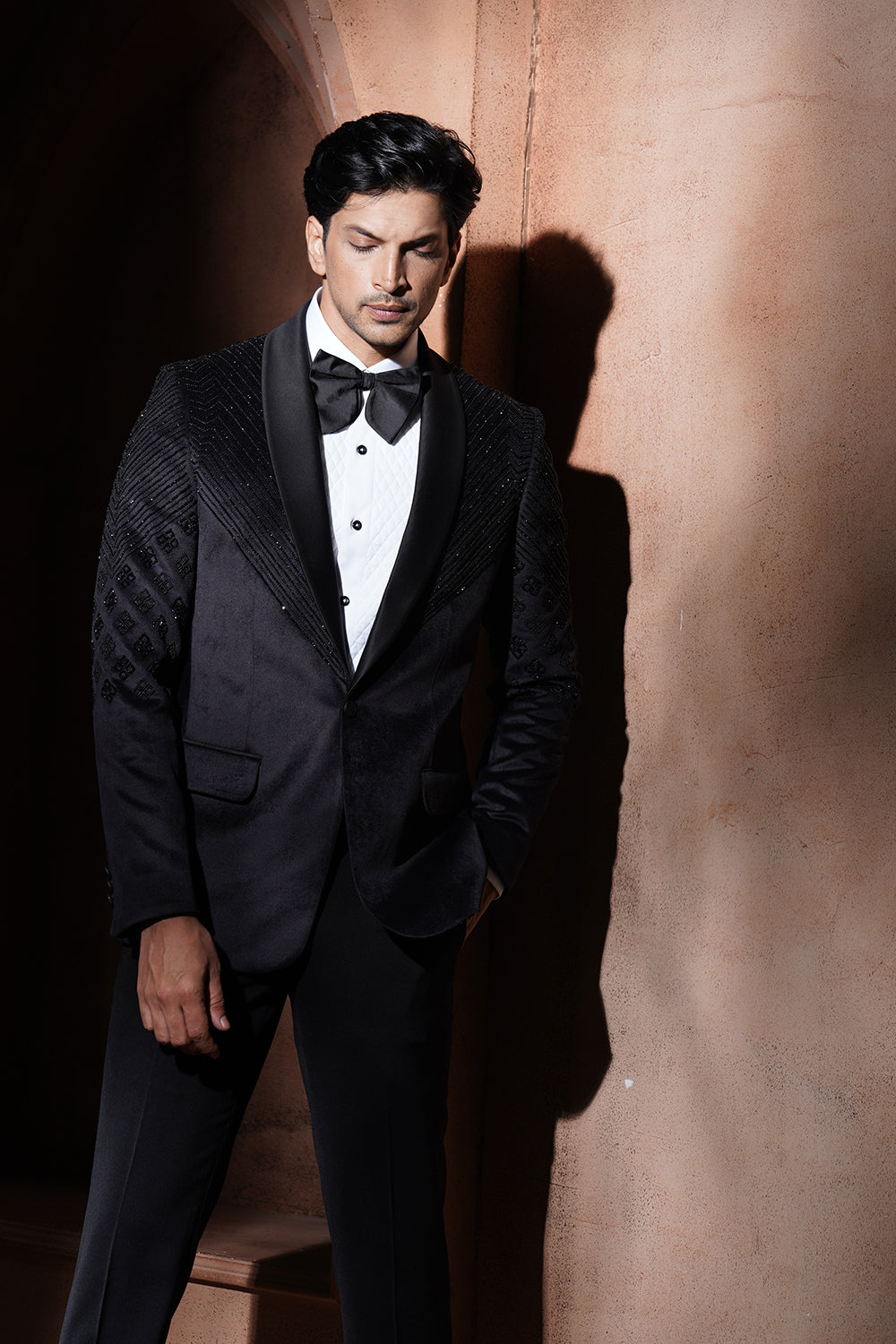 Black Tuxedo With Embroidery On Sholders And Half Sleeves