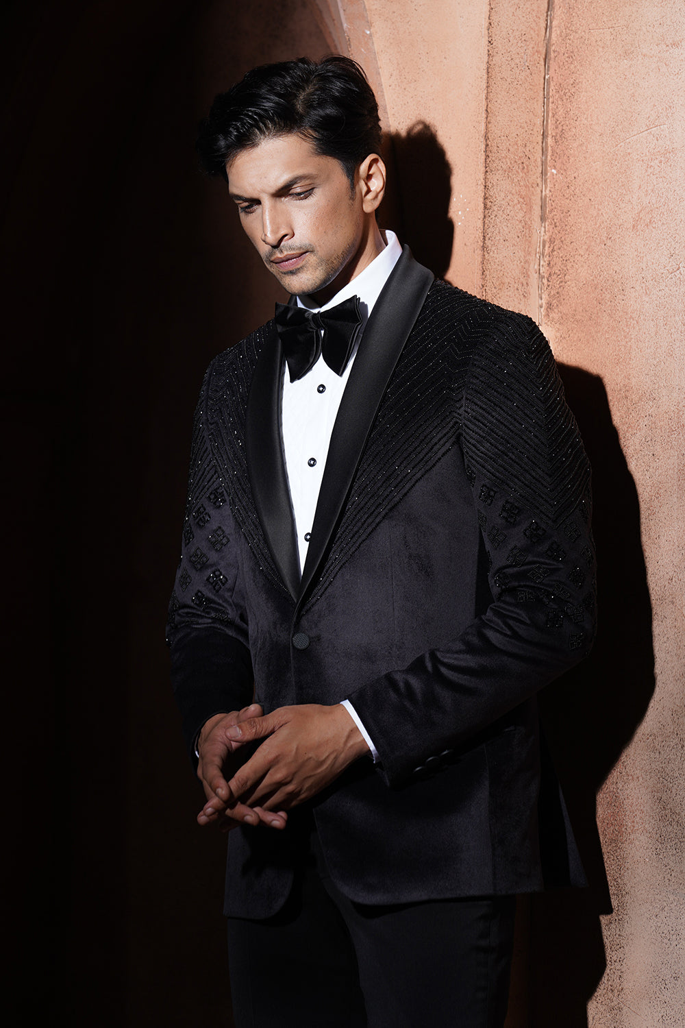 Black Tuxedo With Embroidery On Sholders And Half Sleeves