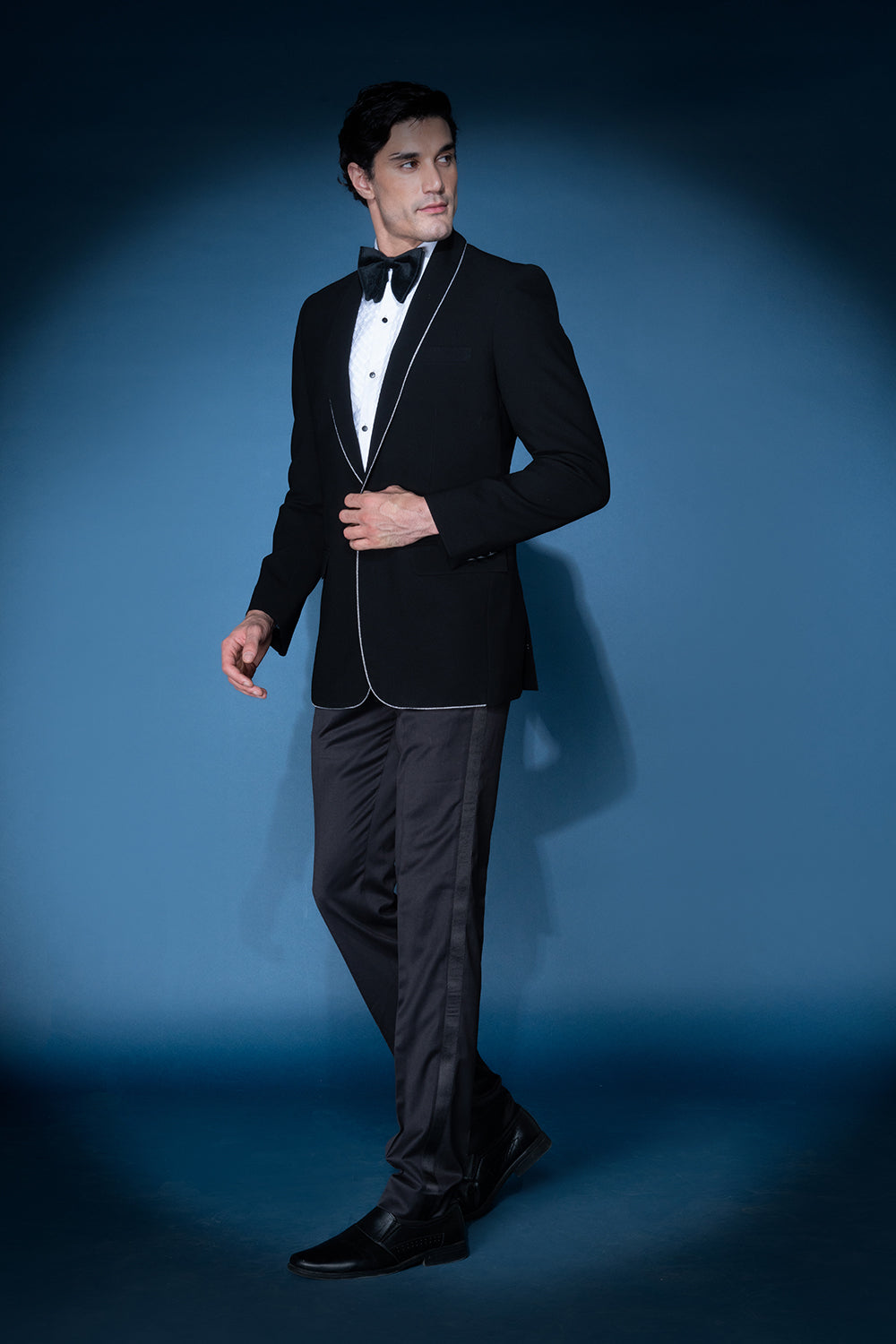 Black Velvet Tuxedo With Embellished Lapel Piping