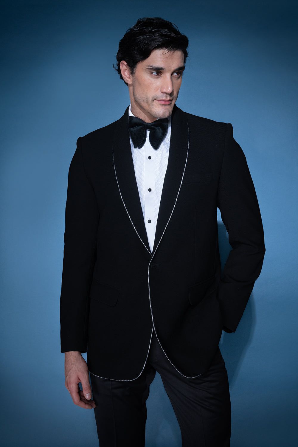 Black Velvet Tuxedo With Embellished Lapel Piping