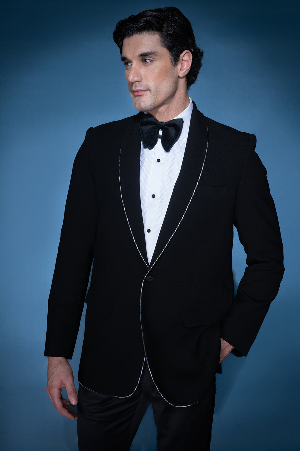 Black Velvet Tuxedo With Embellished Lapel Piping