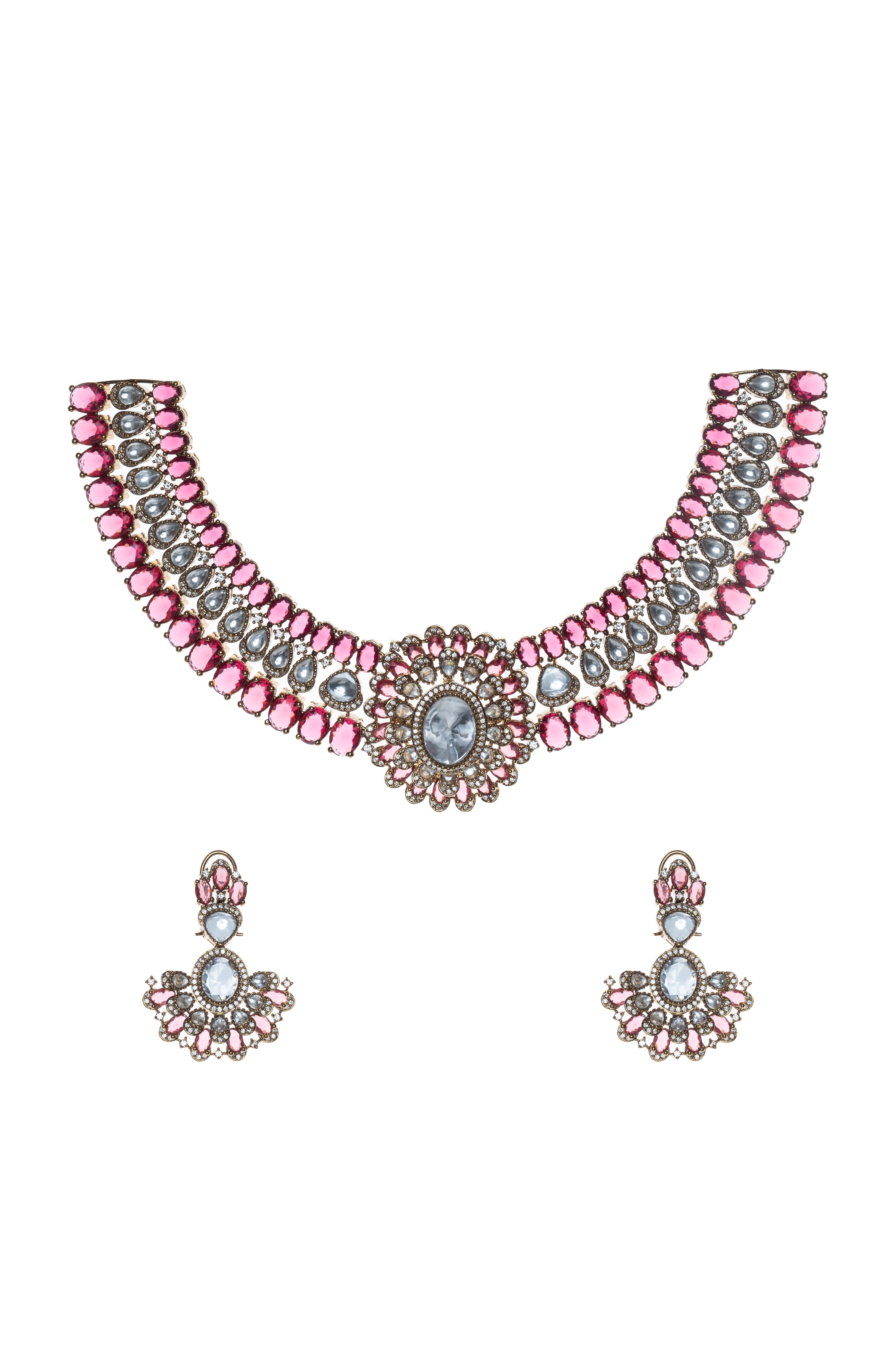 CY Victorian Finish Uncut Zircon & Ruby Stone Choker Necklace Set