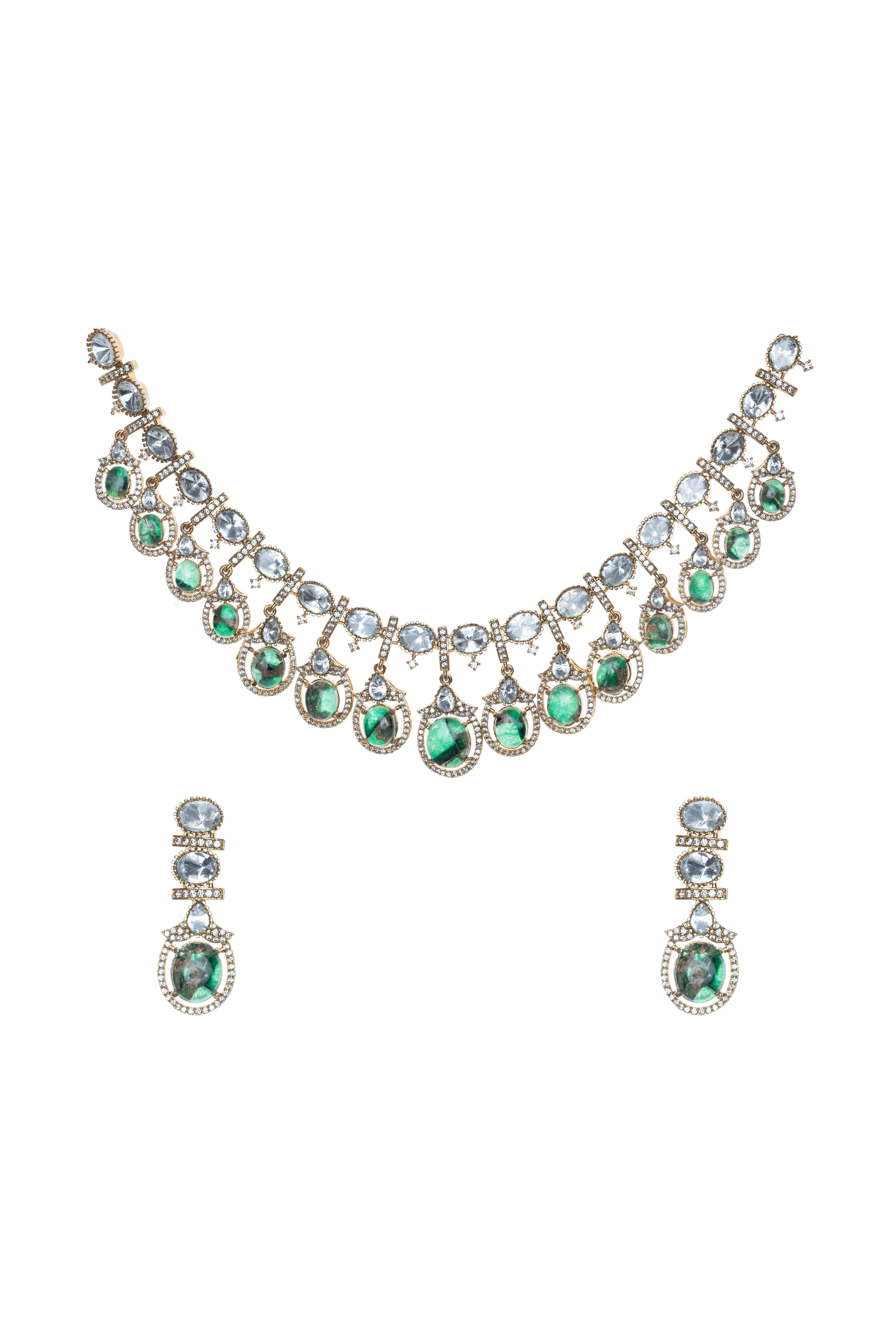 CY Victorian Polish Semi Precious Mossaic Colour Stones, White Uncut Zircons Choker Necklace Set