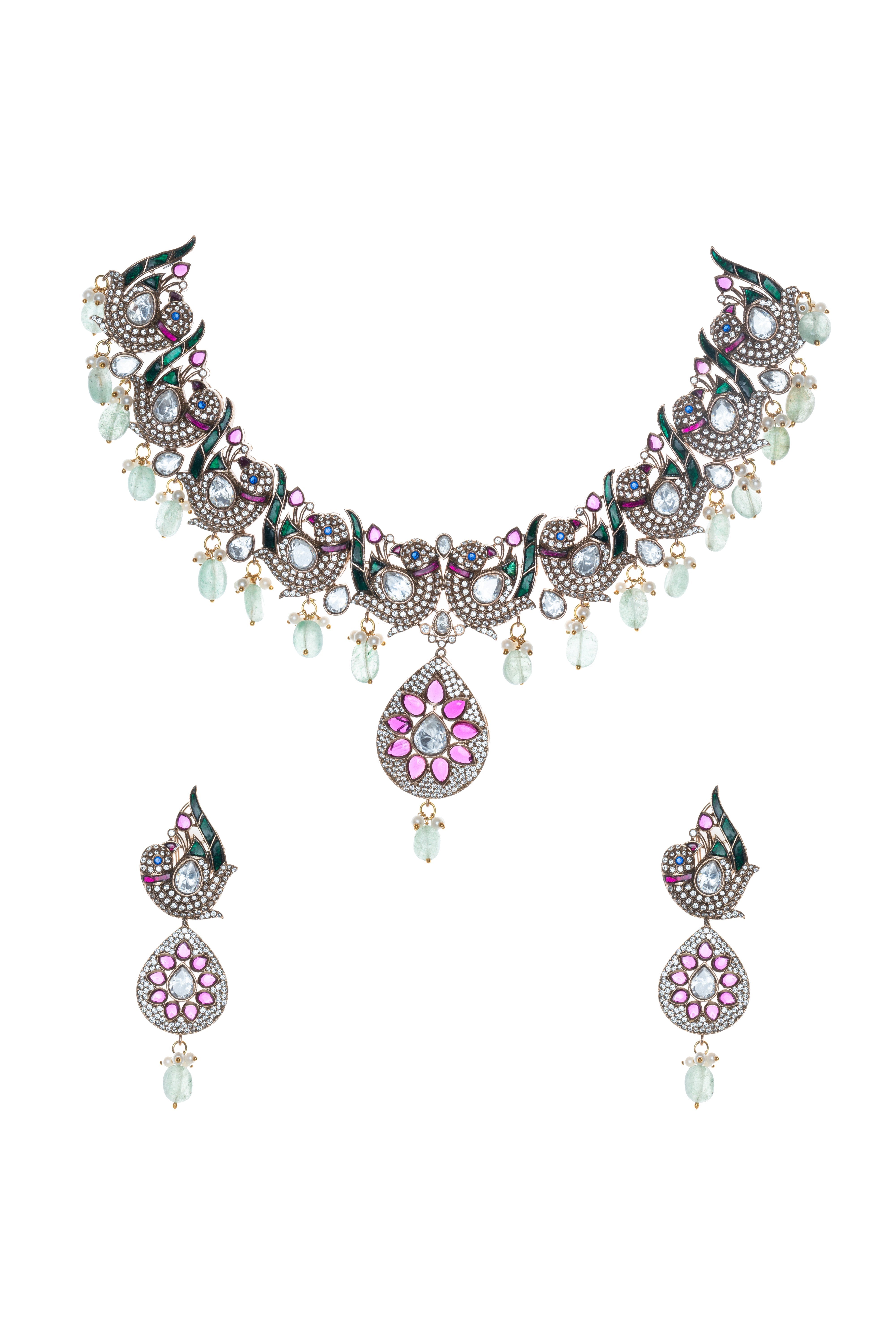 CY Victorian Polish Synthetic Ruby & Emerald Stones, White Uncut Zircons Choker Necklace Set