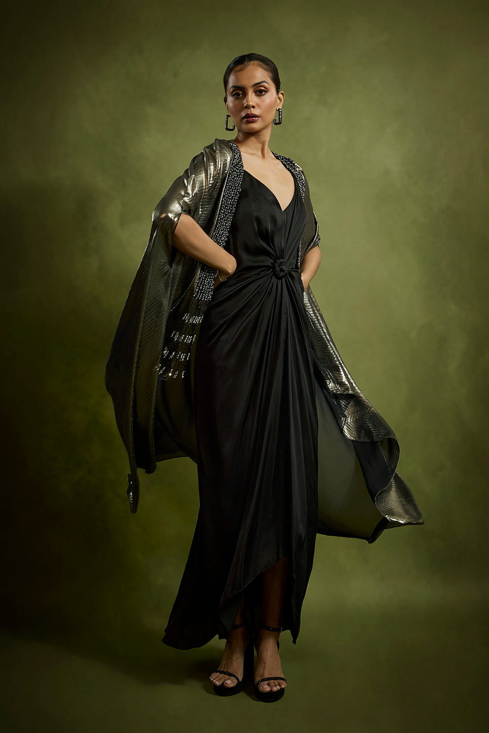 Sculpted Knot Dress with An Embossed Cape